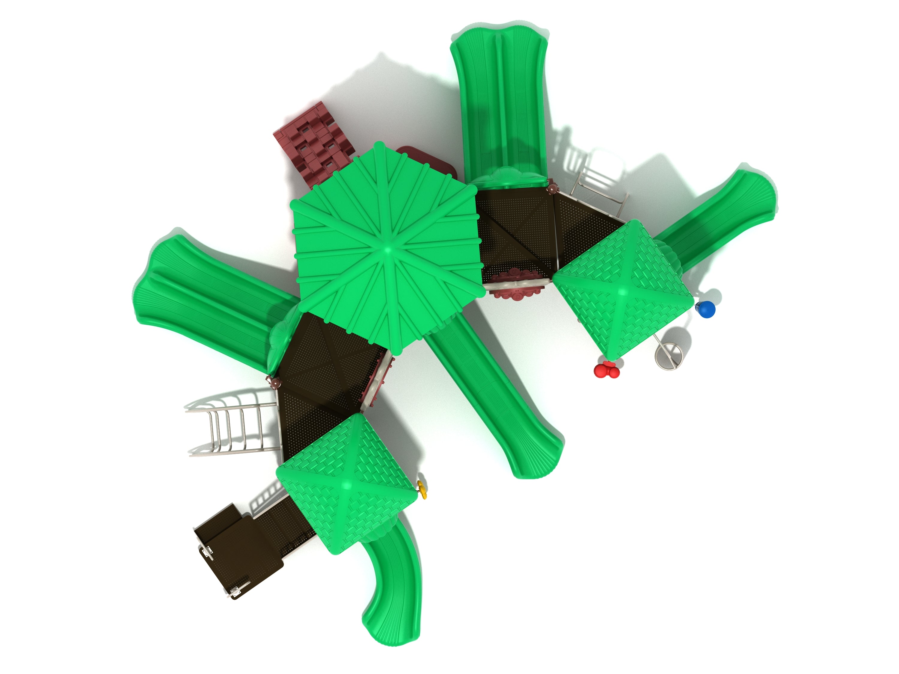 Overhead view of a large green and brown playground structure with multiple slides, climbing ladders, and shaded platforms
