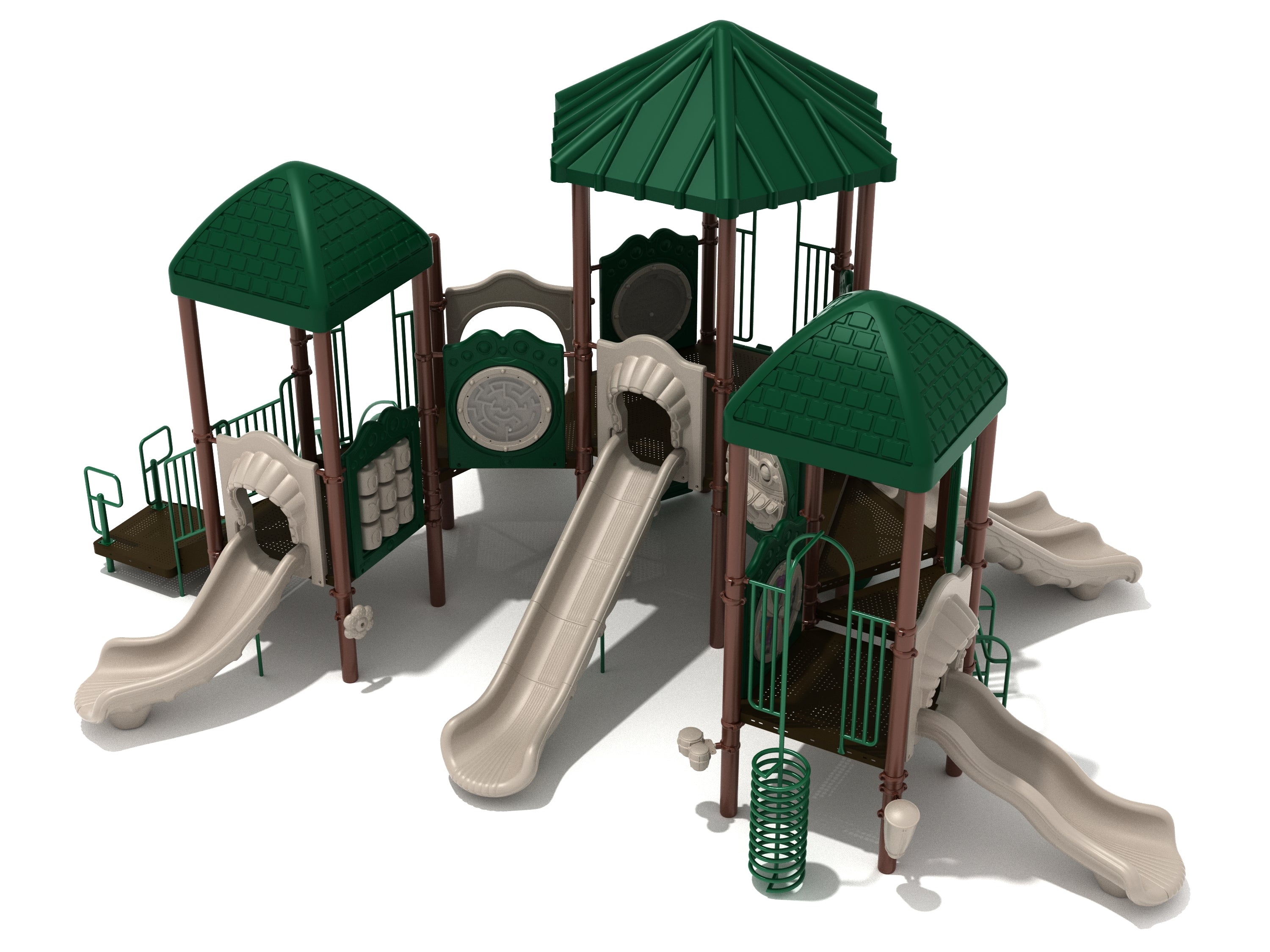 Curved playground structure with green roofs, beige slides, climbing panels, ladders, and spiral climber