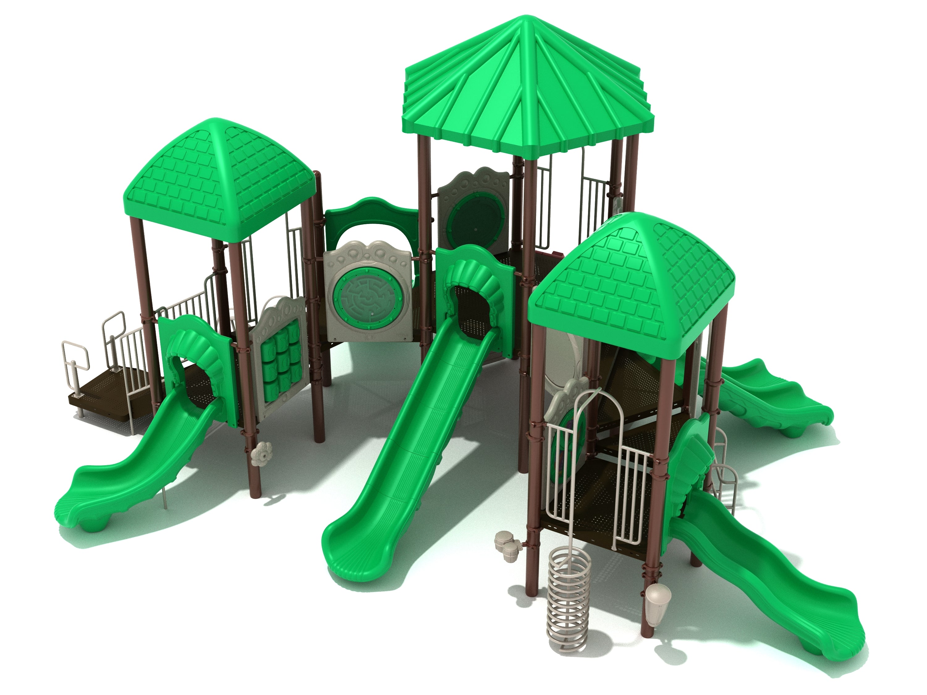 Curved green and brown playground structure with three peaked roofs, multiple slides, and various climbing features
