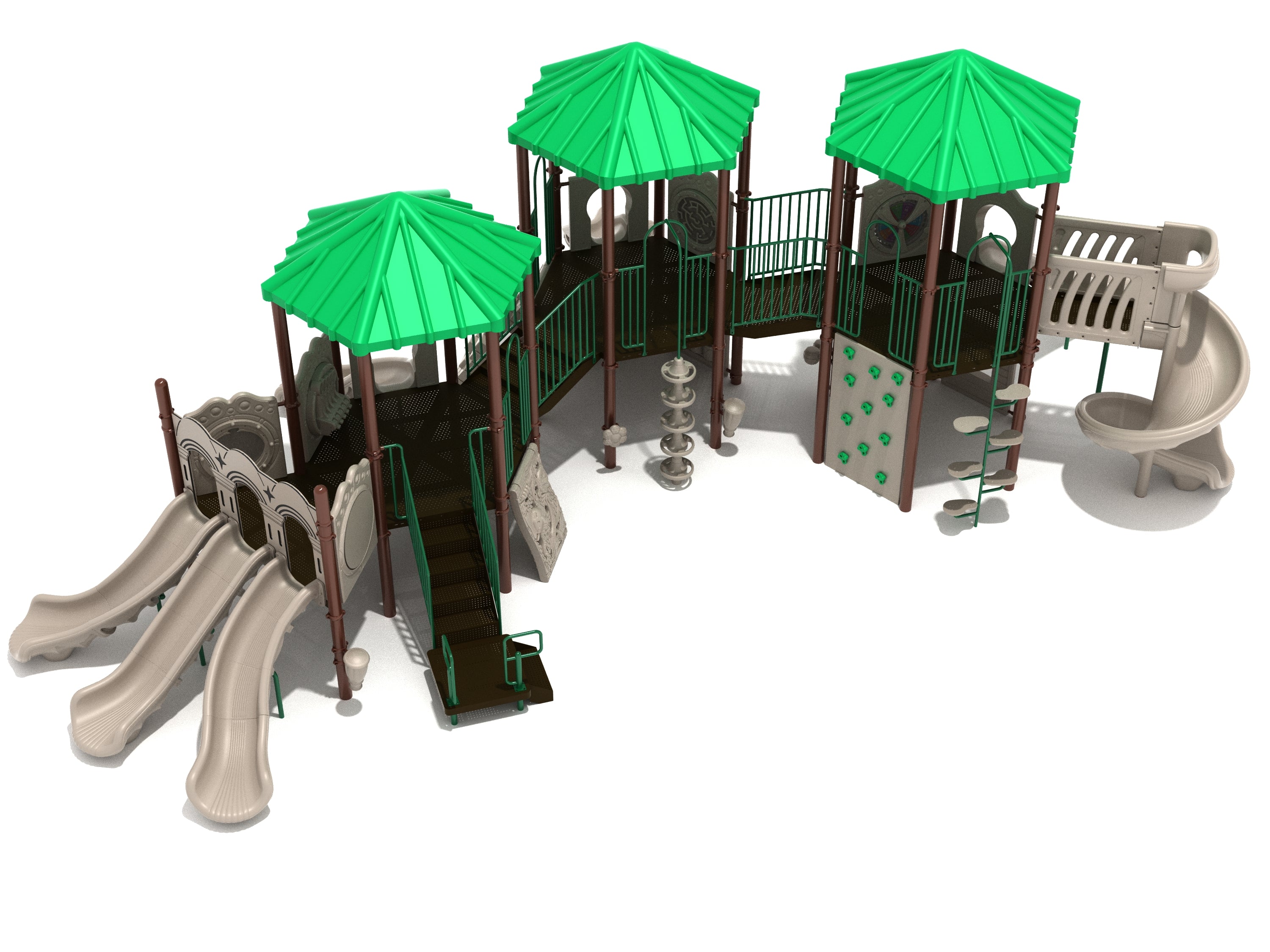 Emerald Crest Playground with three green hexagonal roofs, spiral slide, triple slide race track, multiple climbers, and activity panels