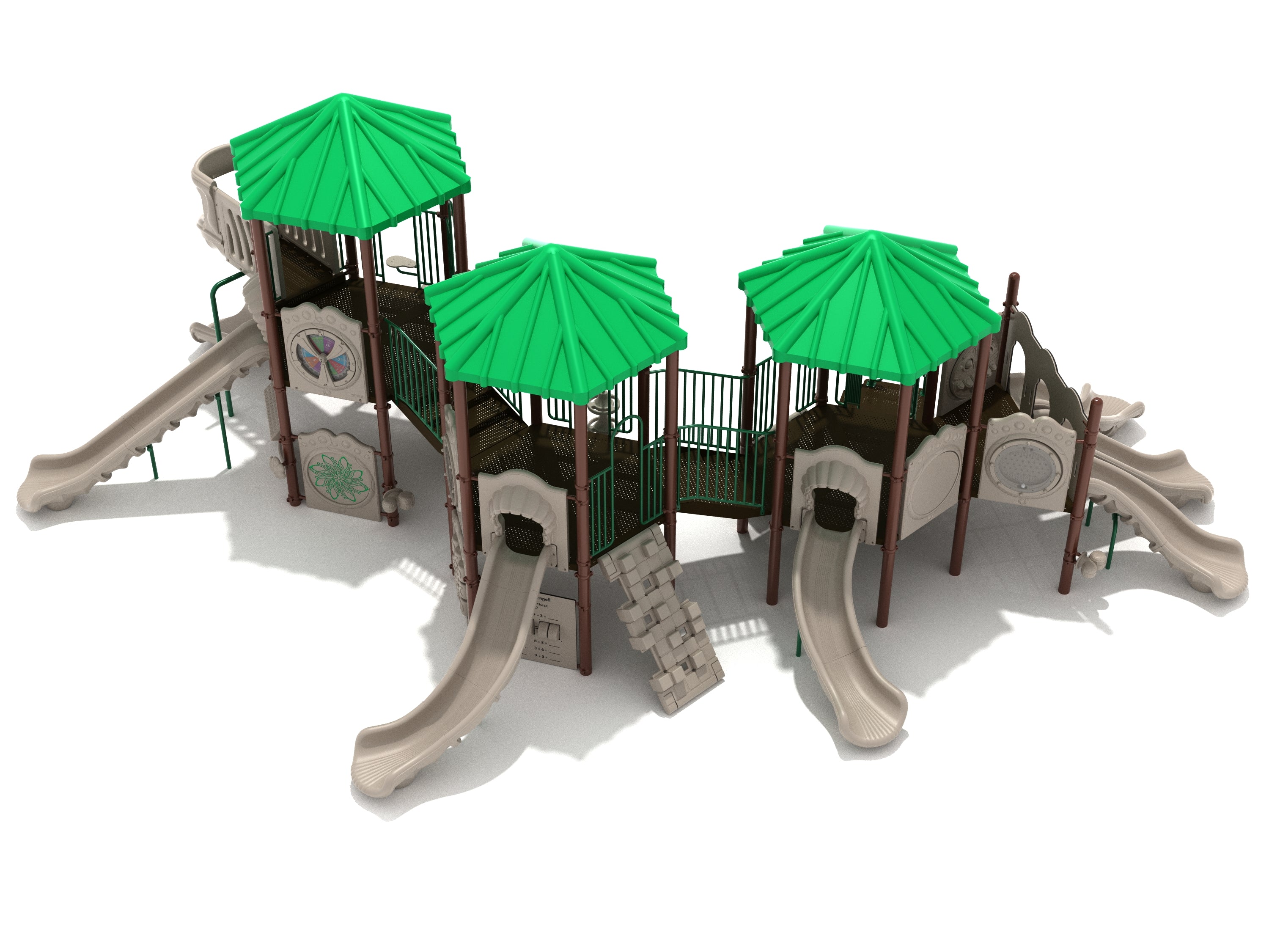 Large playground structure with three green hexagonal roofs, multiple beige slides including a spiral and triple slide, various climbers, and activity panels.