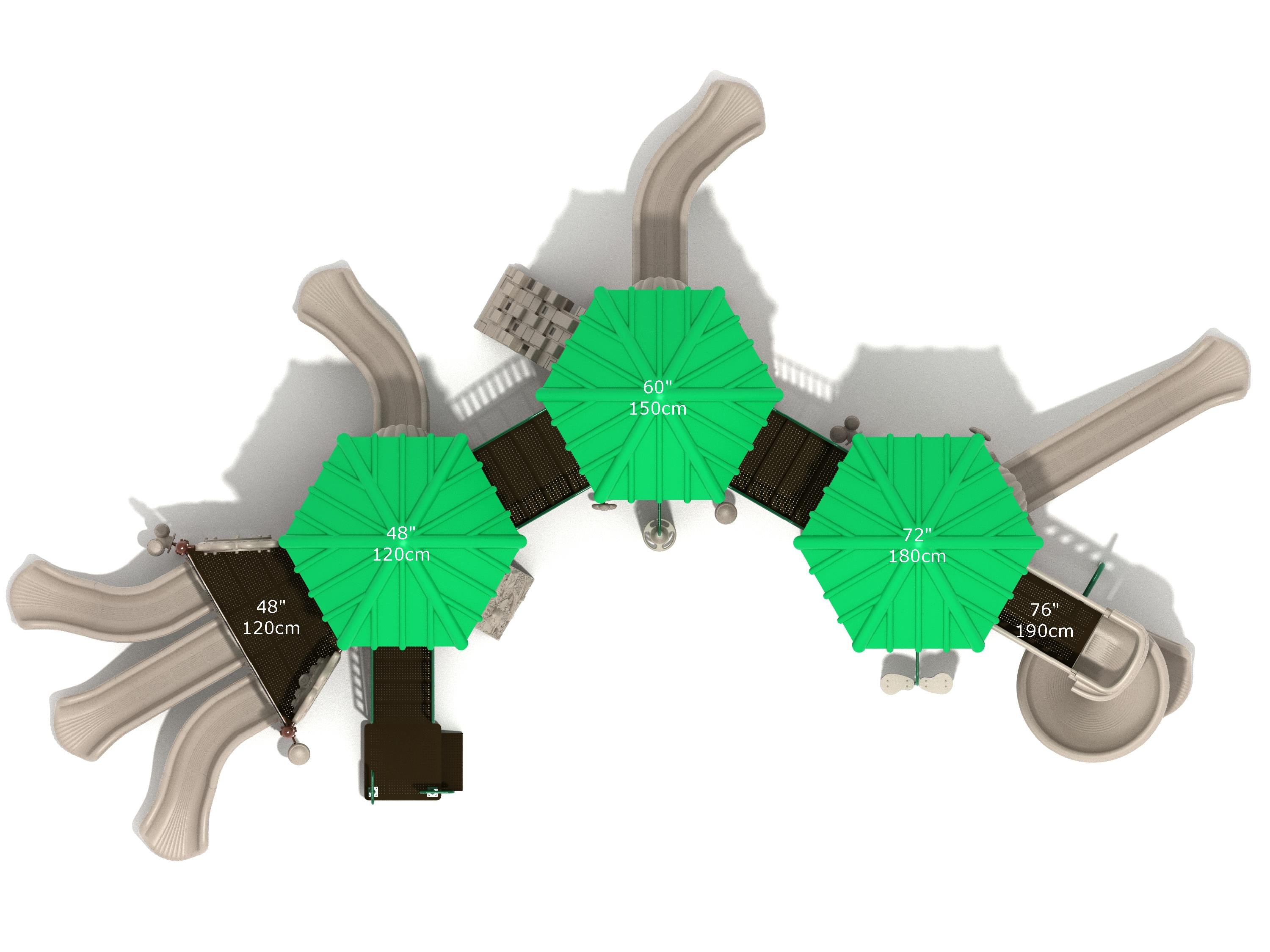 Overhead view of large playground with three green hexagonal roofs, spiral slide, racing slides, and multiple climbers