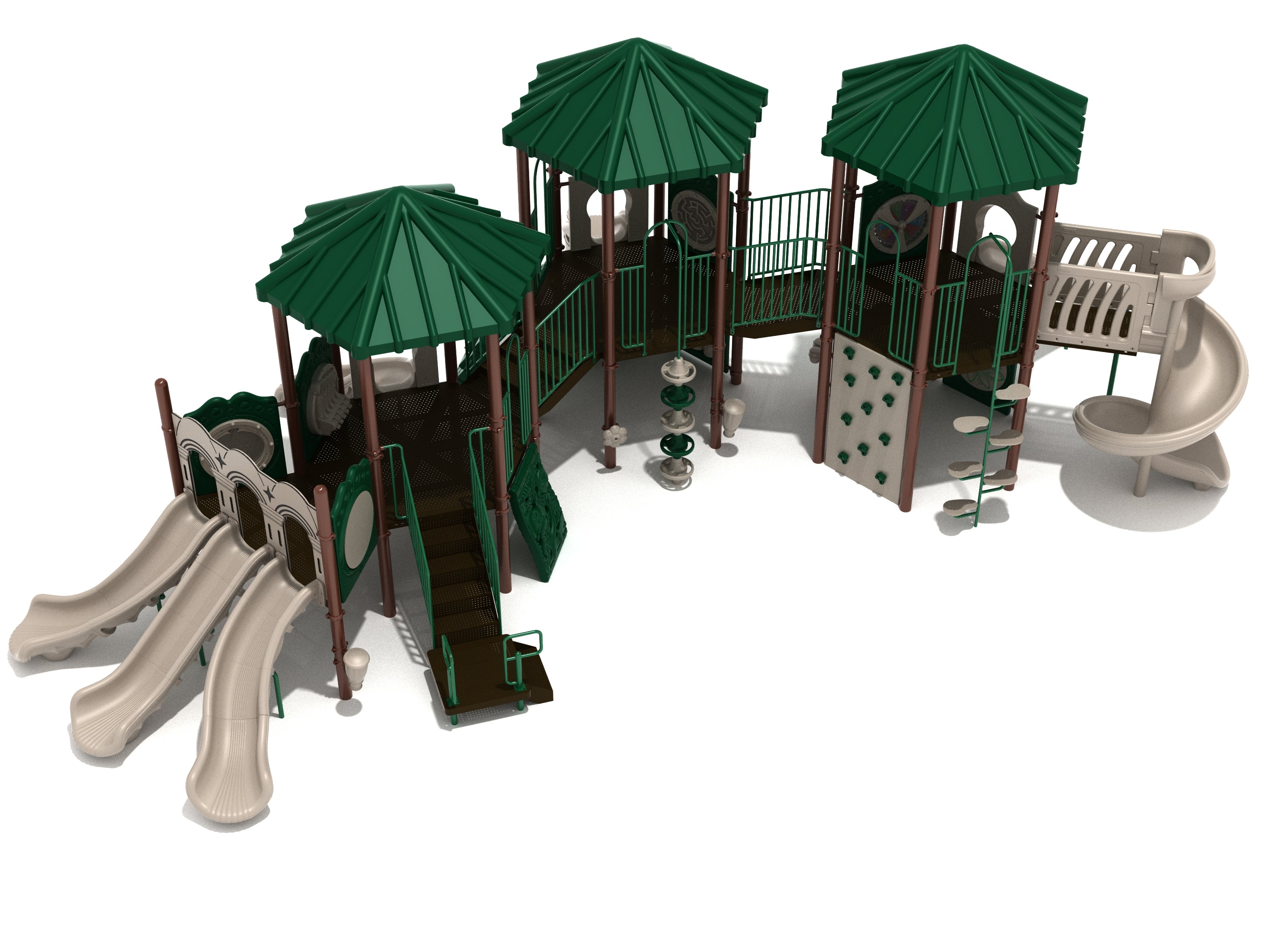 Large playground structure with three green hexagonal roofs, spiral slide, triple slide, multiple climbers, and activity panels.