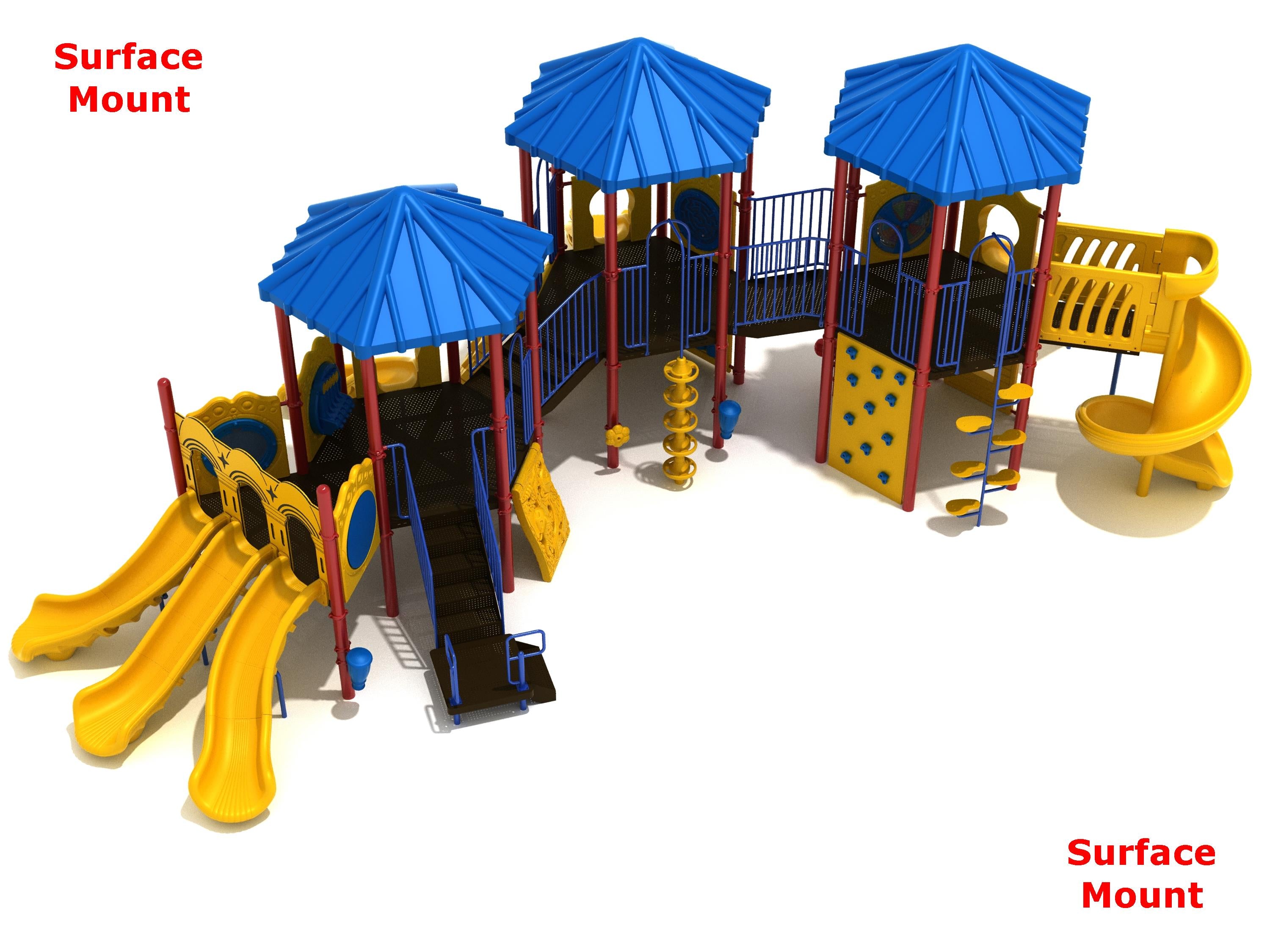Colorful playground structure with three blue hexagonal roofs, multiple yellow slides including a spiral and racing slides, climbing walls, and activity panels.