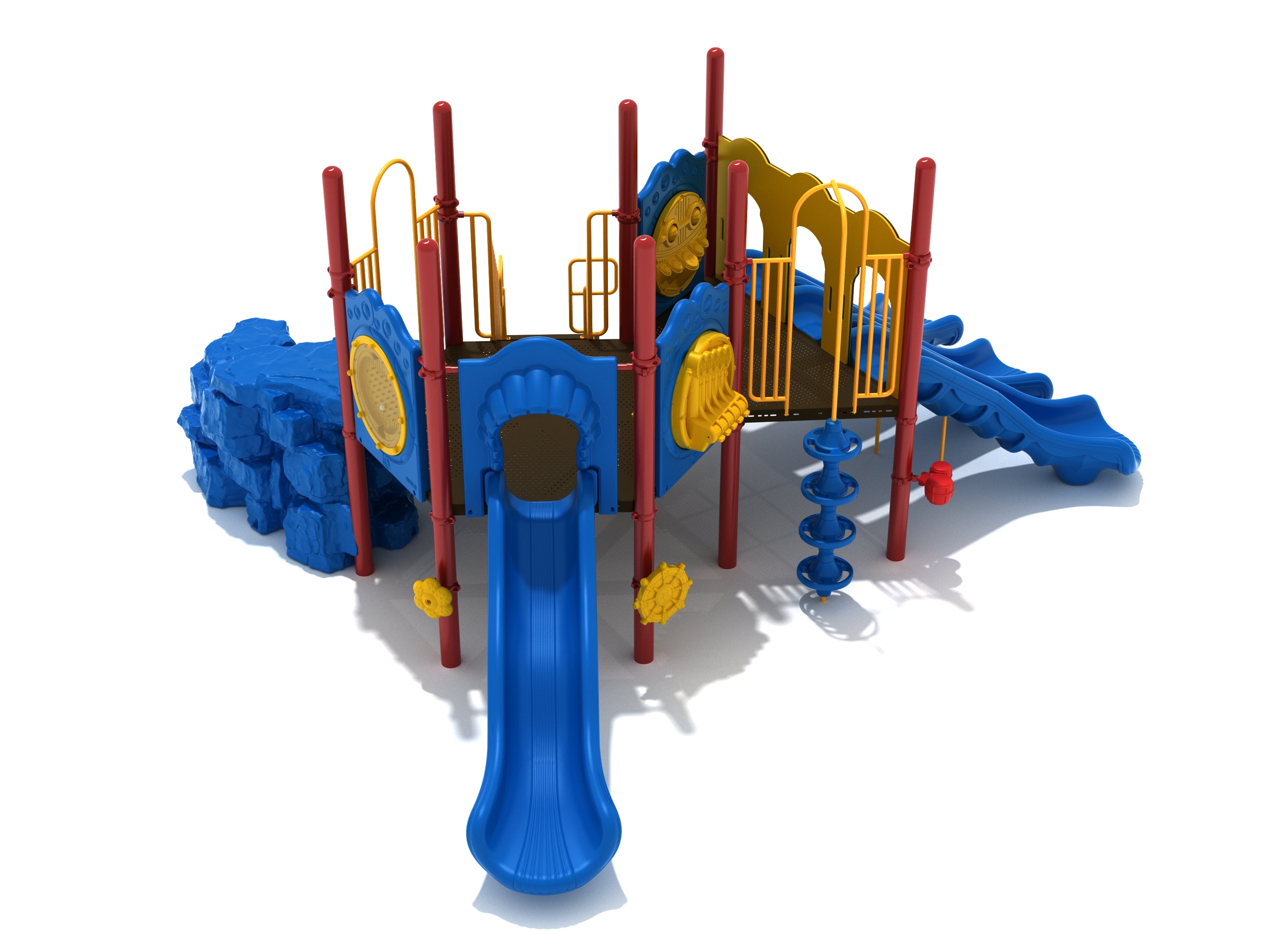 Colorful playground with three parallel blue slides, textured rock climber, and yellow musical panels for interactive play