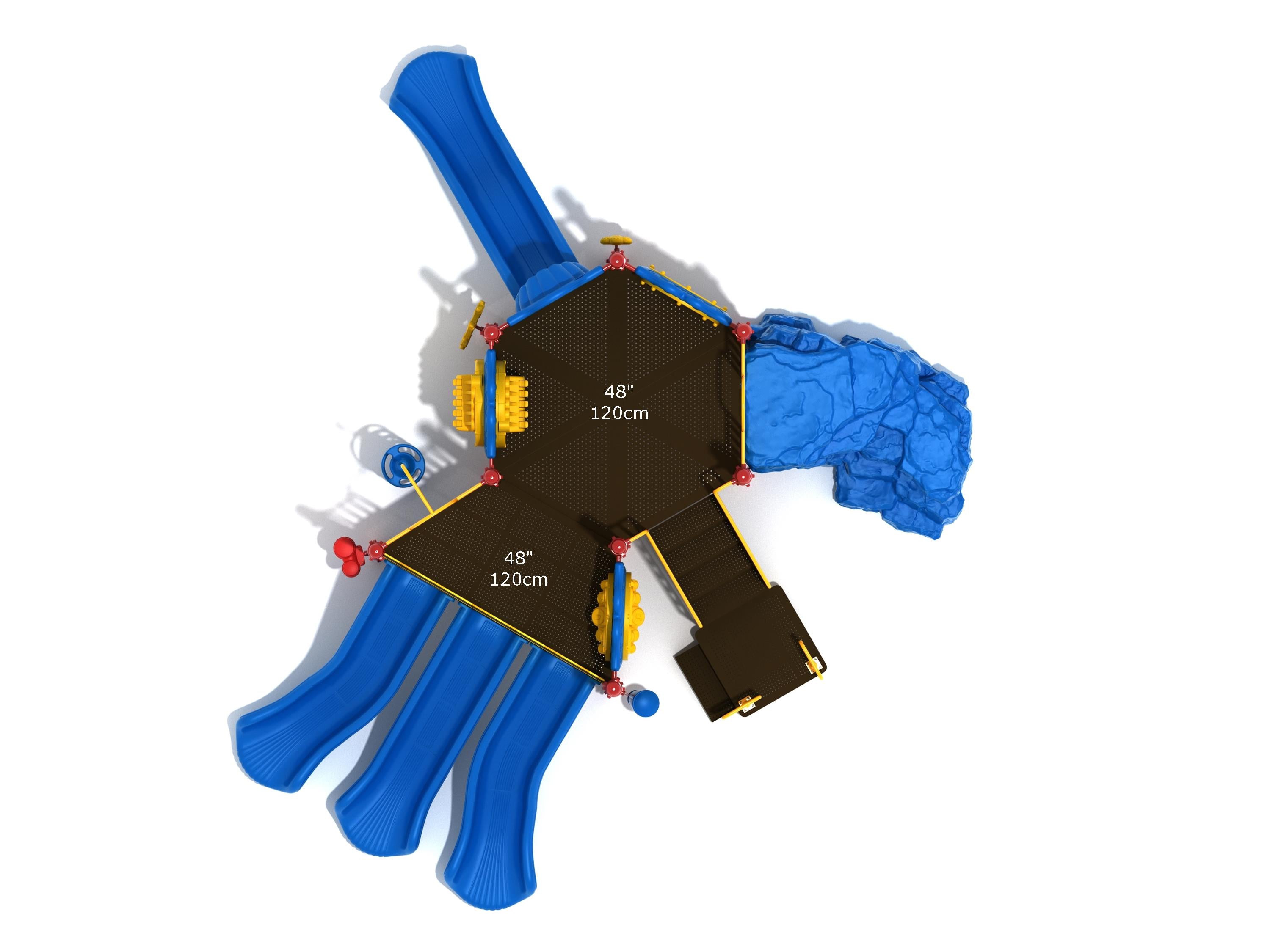 Overhead view of playground with three parallel blue slides, a blue wave slide, textured climbing boulder, and musical play panels