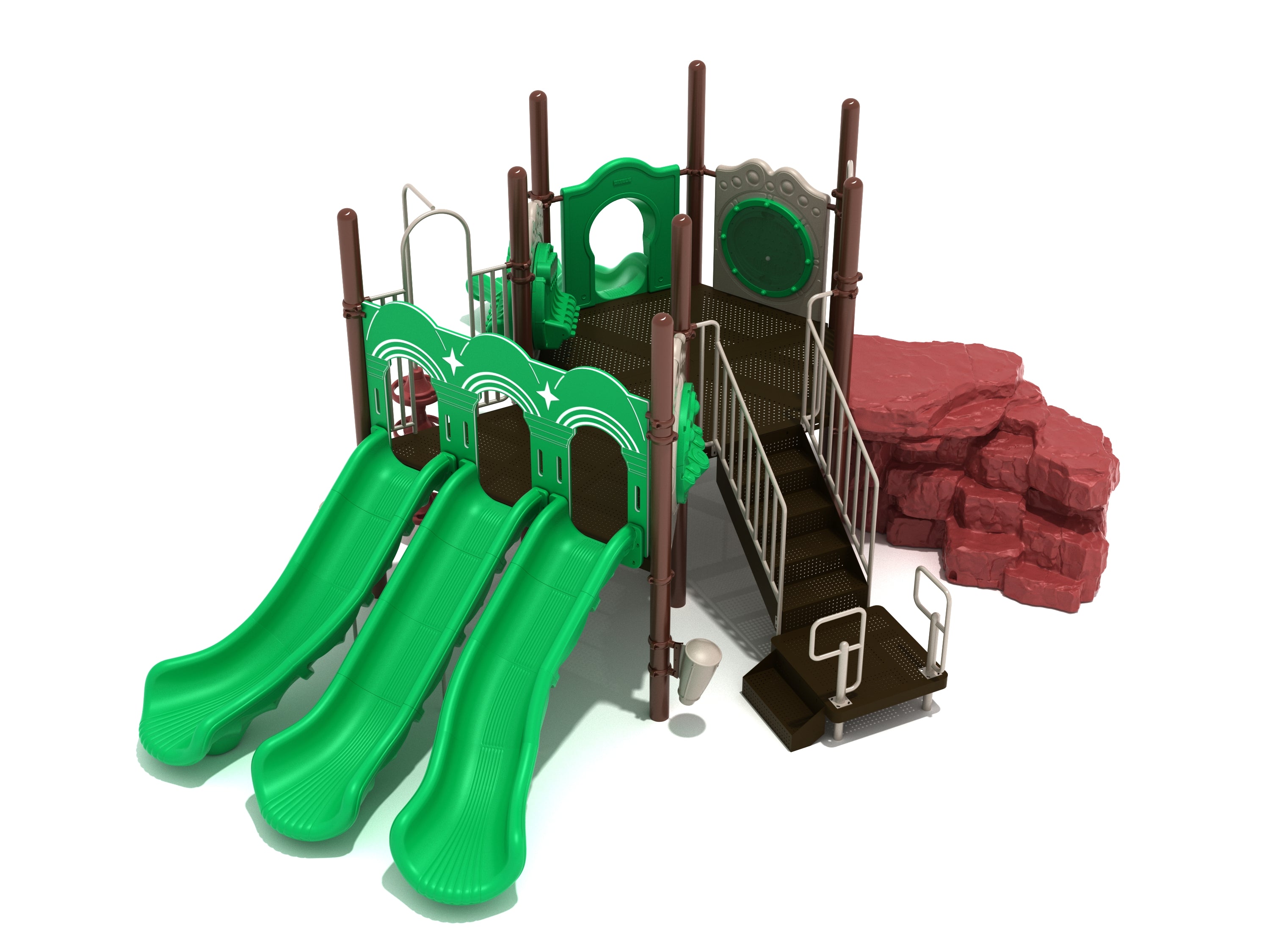 Playground structure with three parallel green slides under a decorative triple arch, rock-textured climber, and ramp access.