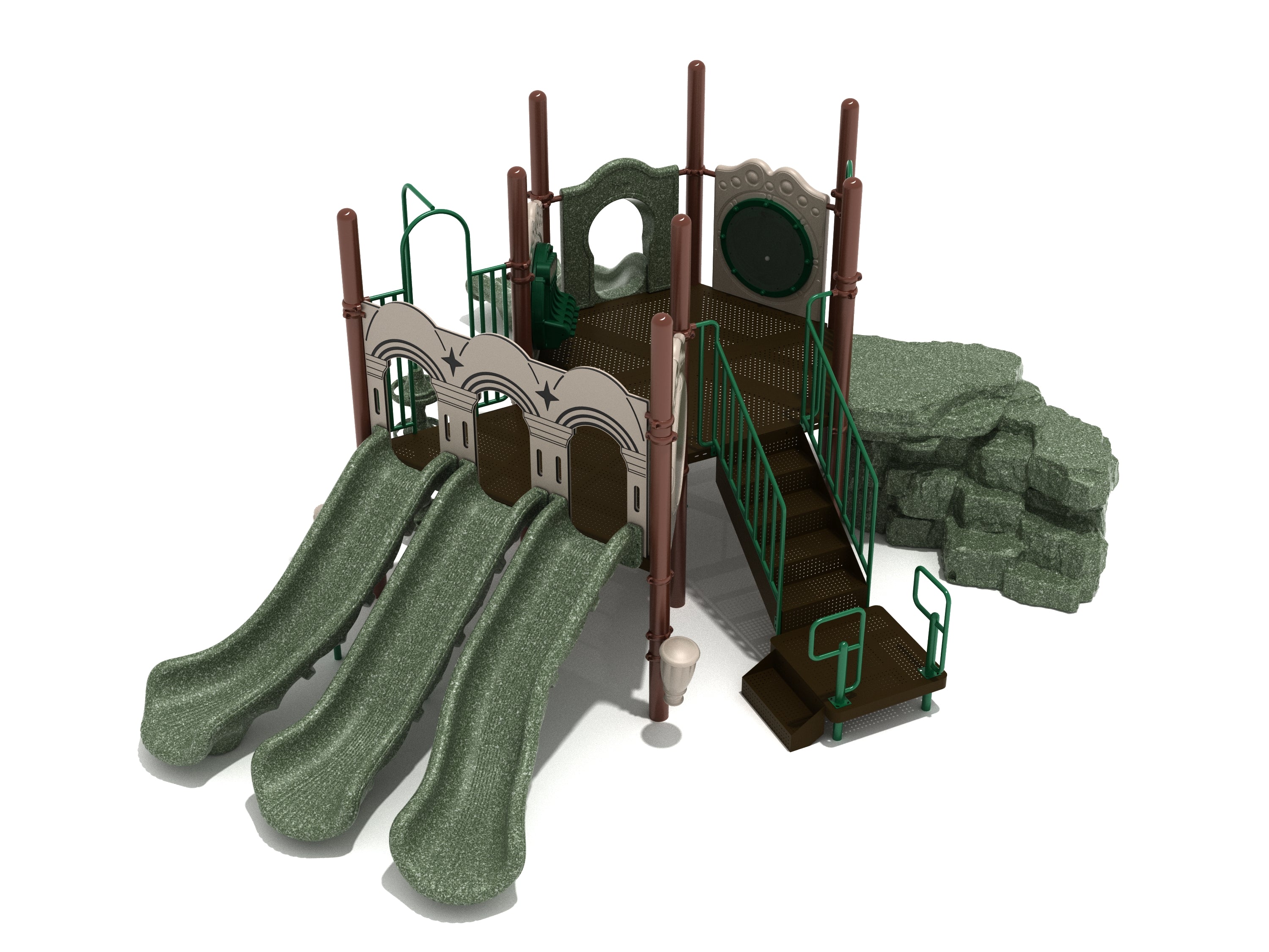 Playground structure with triple arch entrance, three parallel slides, rock-textured climber, and green-railed stairs
