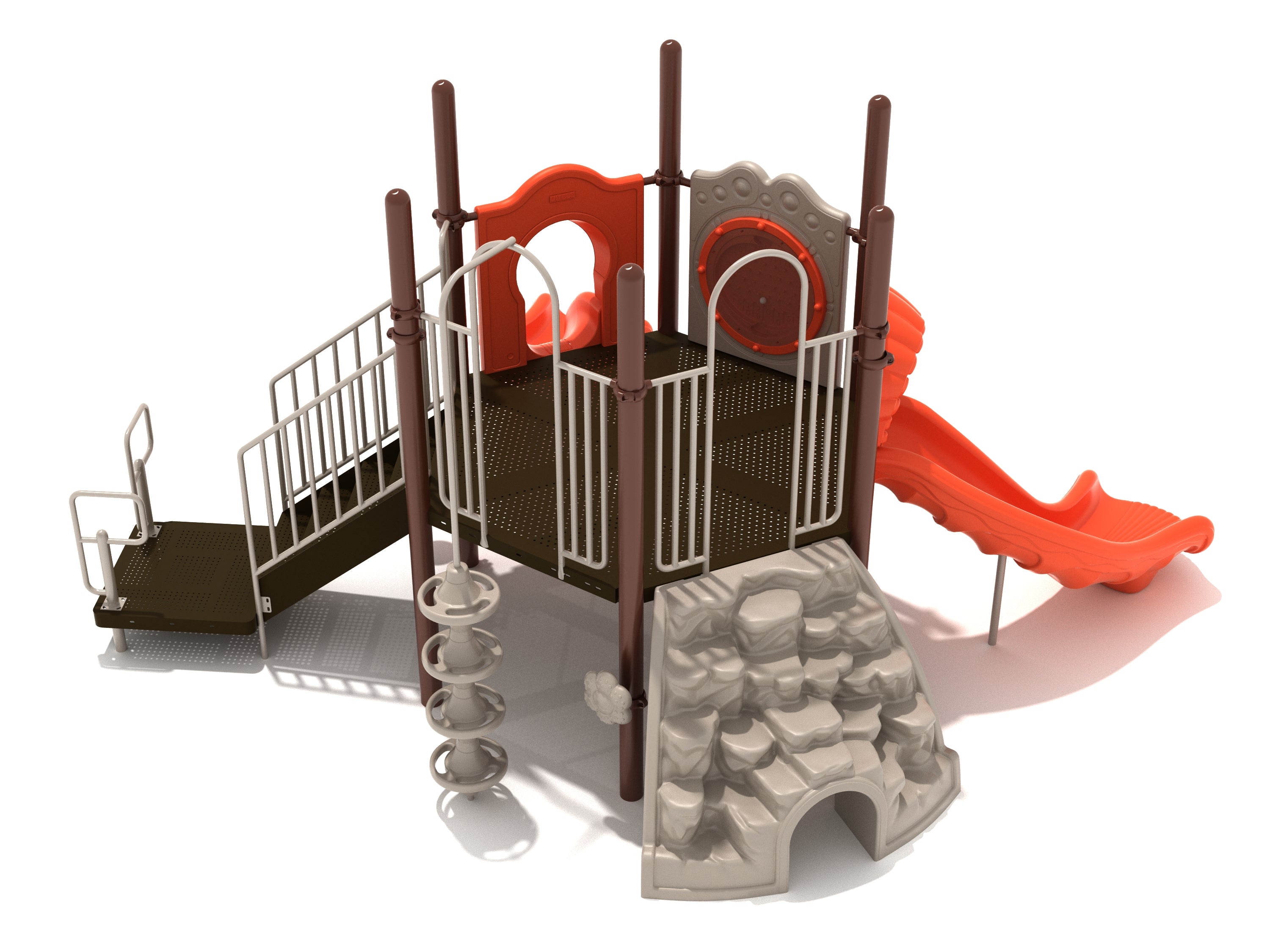 Compact hexagonal playground with two orange slides, rock-like climber, spiral climber, and interactive activity panels.