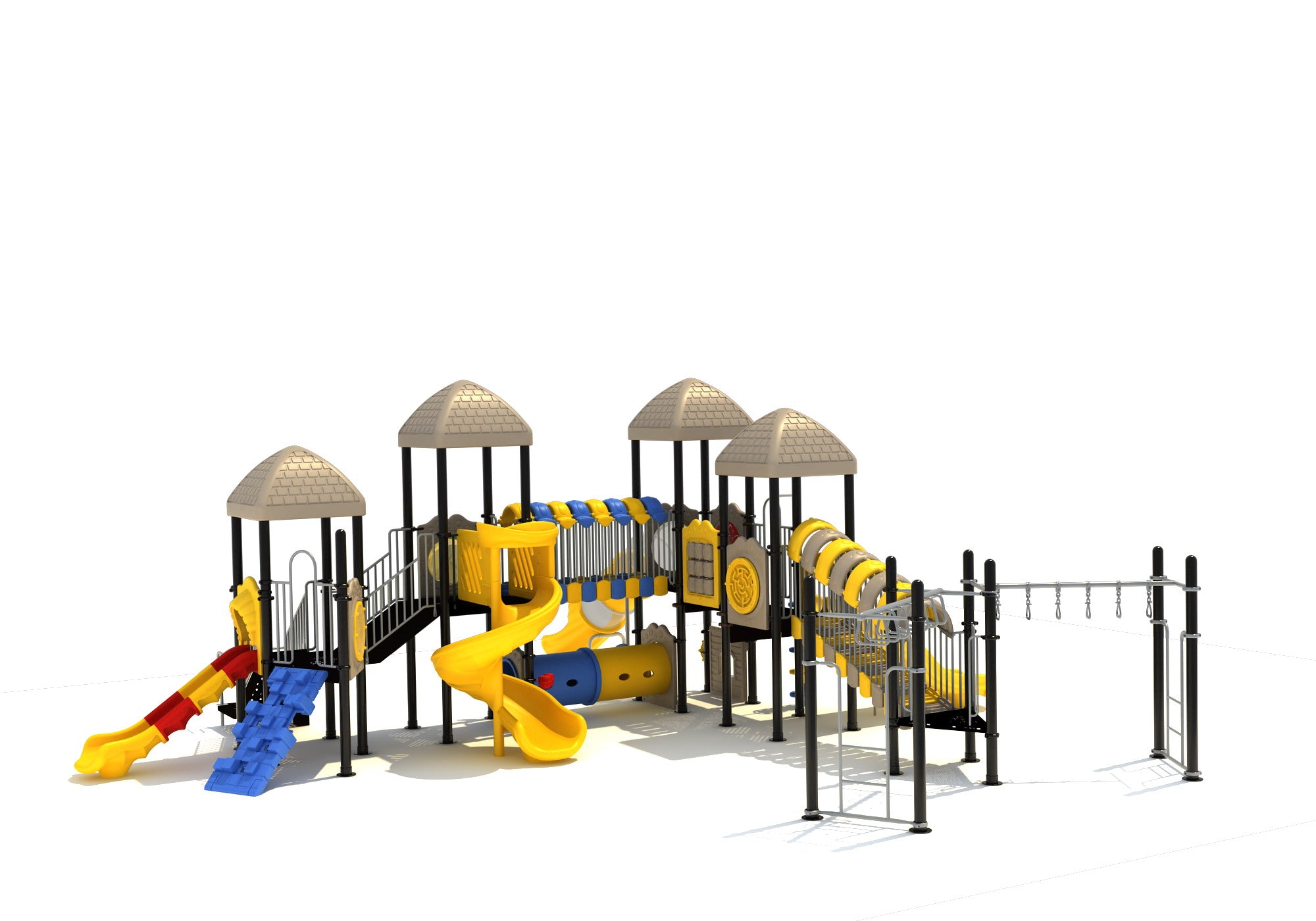Large outdoor playground with multiple slides, climbing walls, tube tunnels, overhead rings, and covered bridges in yellow, blue, and tan colors