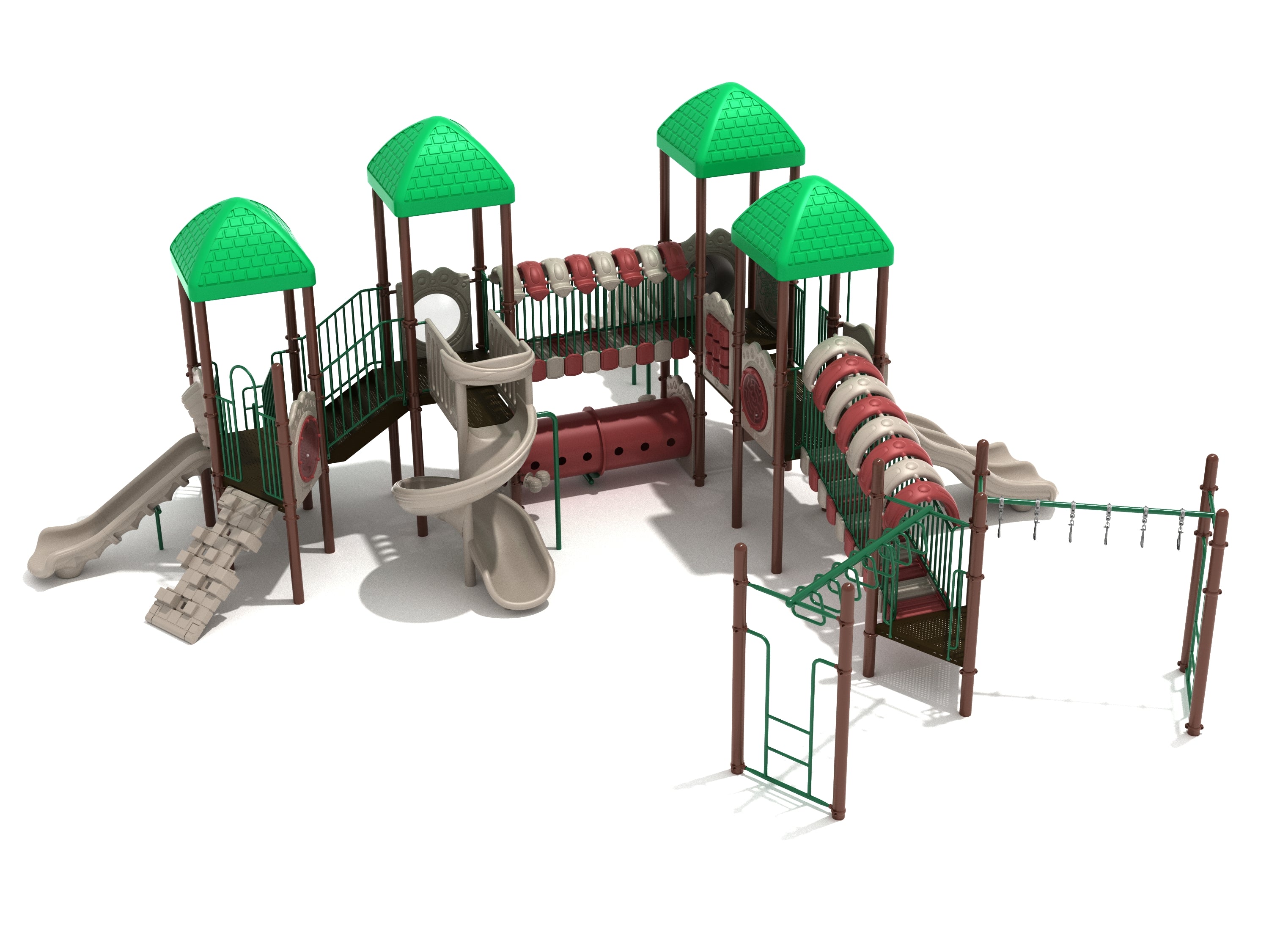 Large playground structure with green roofs, multiple slides, climbing elements, tube bridge, and overhead rings.