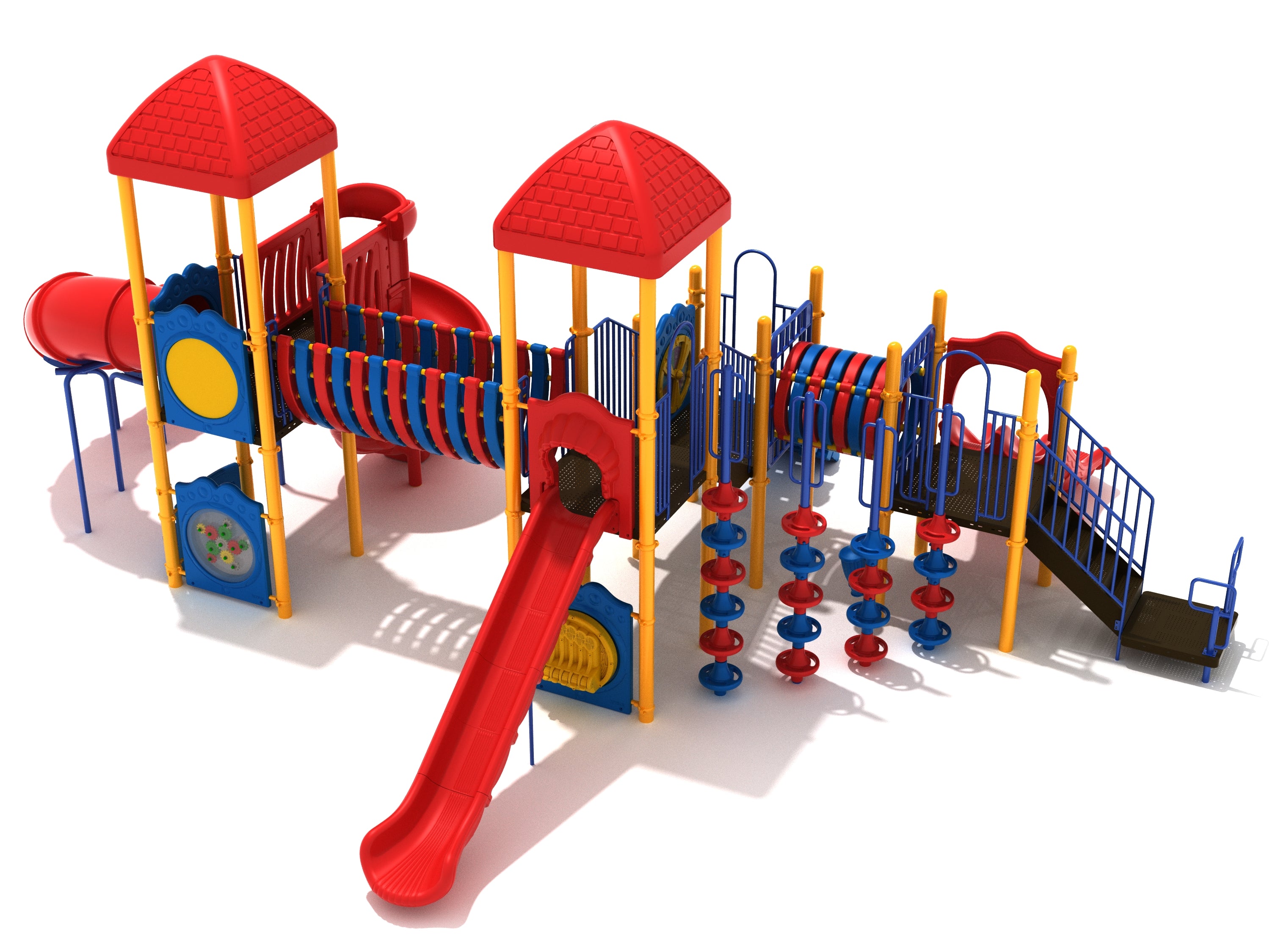 Colorful playground with two red-roofed towers, red slides, blue and yellow climbing elements, and pod climbers
