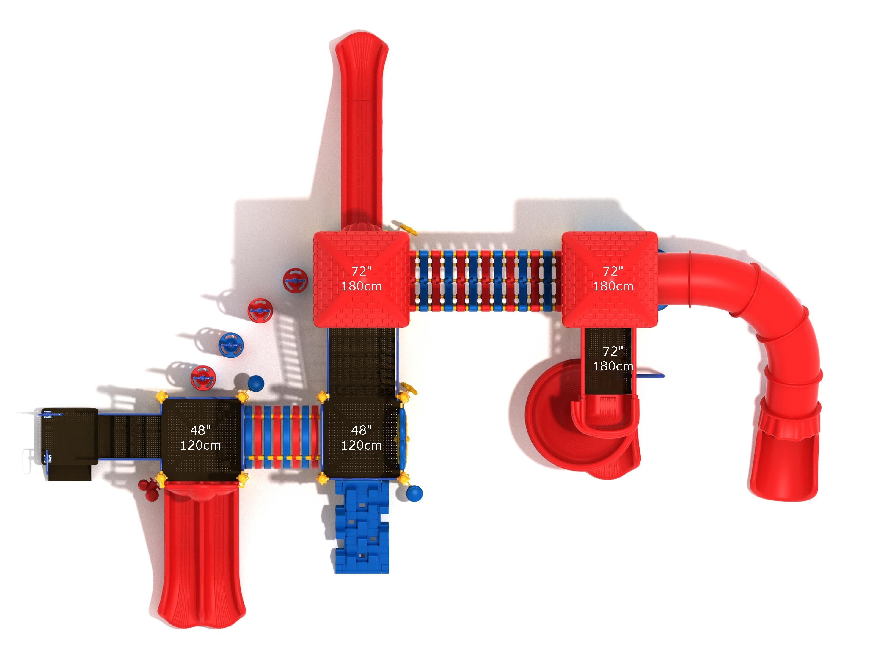 Overhead view of a large red and blue playground system with curved bridges, pod climbers, and two slides including a spiral and tube slide
