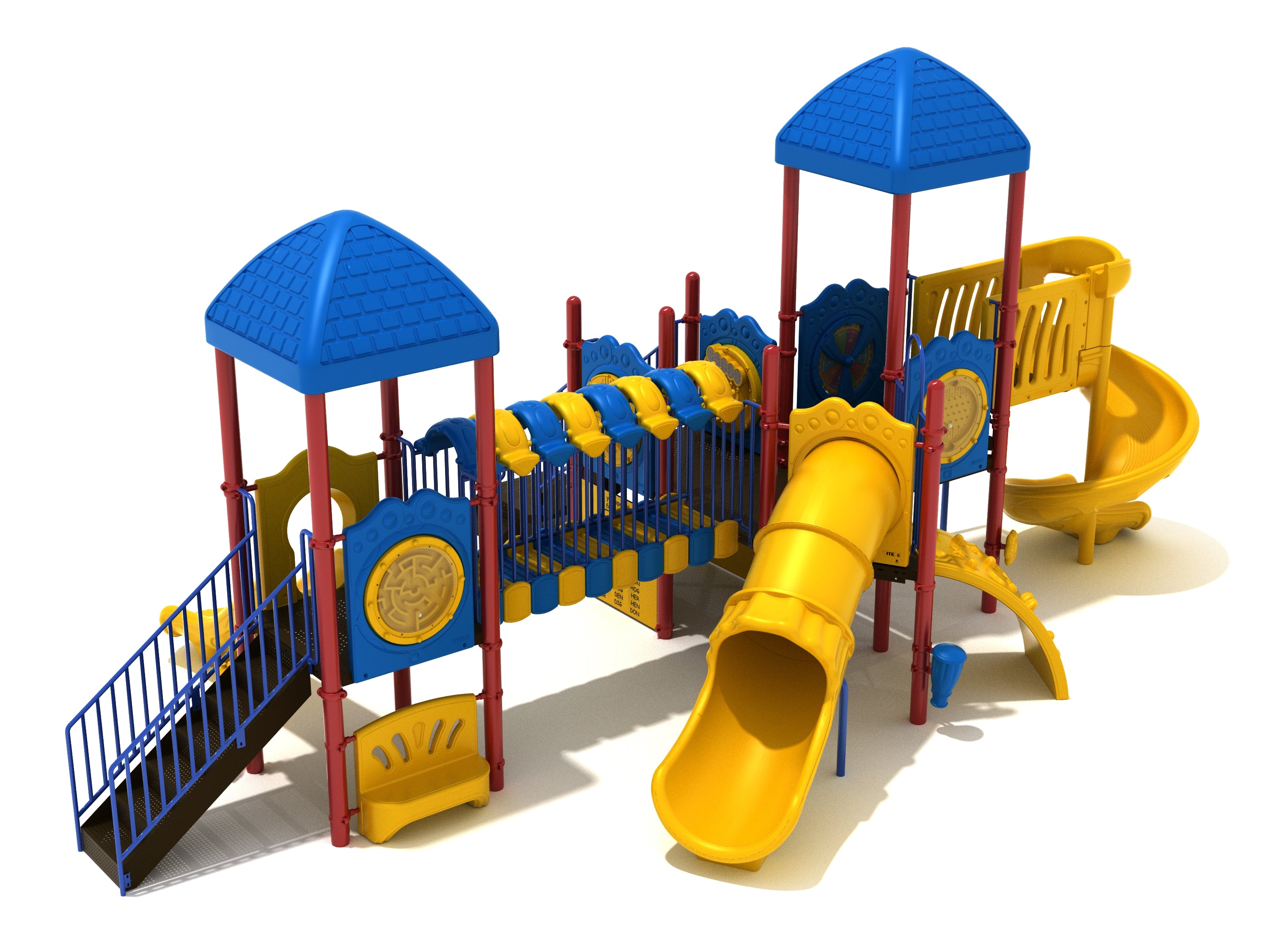 Colorful playground with blue roofs, yellow tube, spiral, and straight slides, a covered bridge, and interactive musical and educational panels