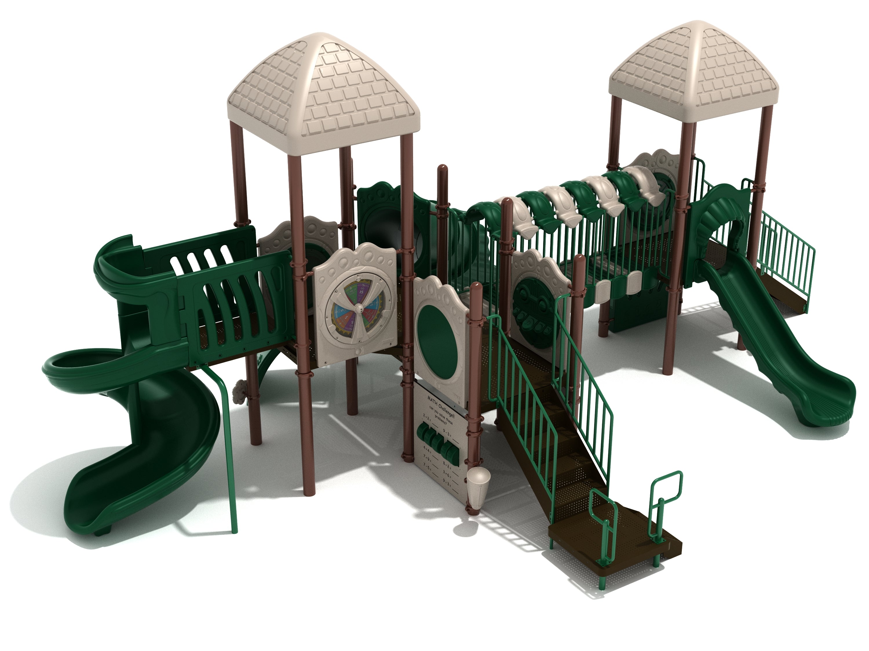 Playground with two beige-roofed towers, green slides, ramps, and interactive math and musical panels including chimes and drums