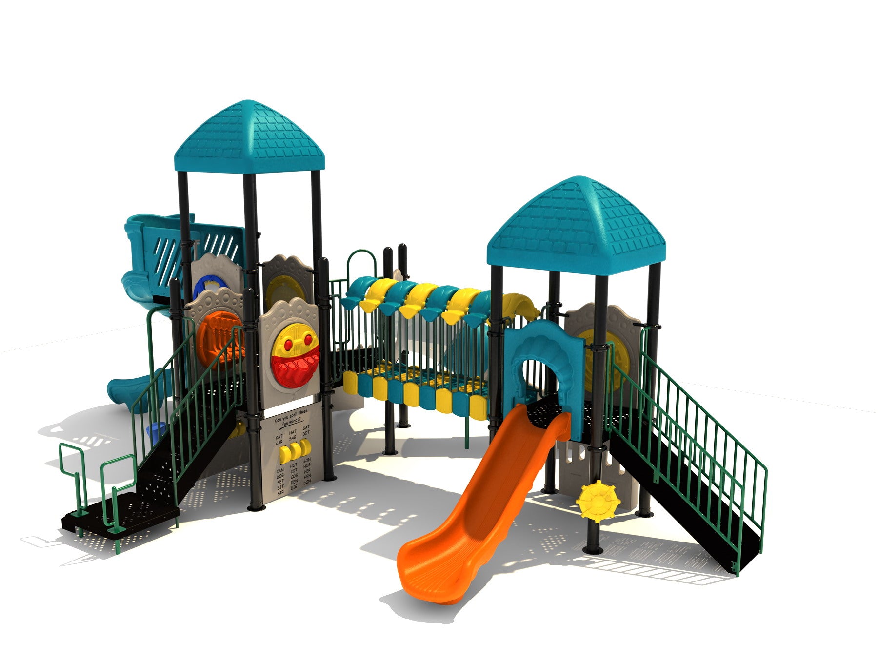 Colorful playground structure with two blue roofs, orange slide, climbing stairs, musical and educational panels