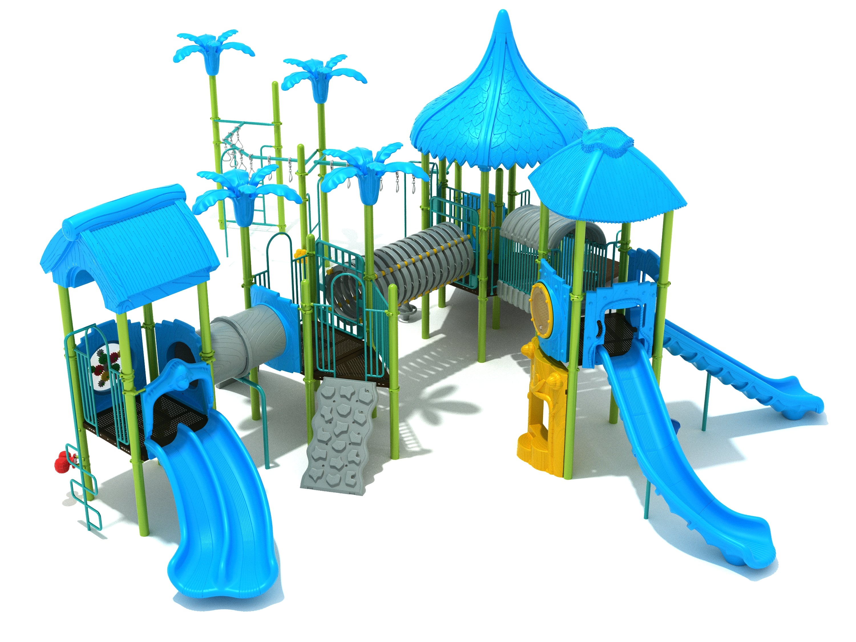 Fancy Frog Playground with blue slides, green posts, climbing wall, tunnels, and palm tree-shaped accents