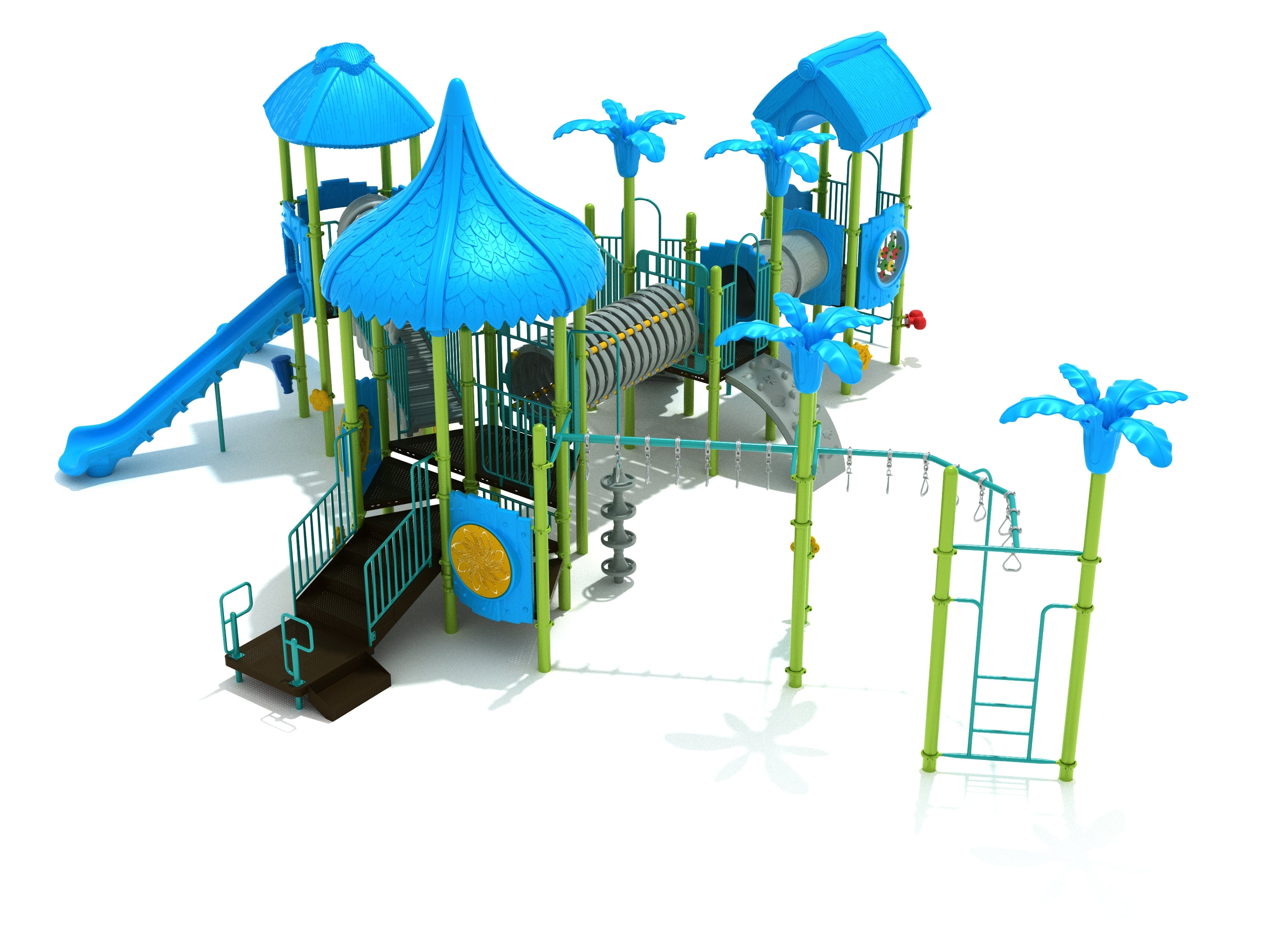Colorful playground structure with blue leaf-shaped roofs, slides, climbing features, and palm tree-themed posts.