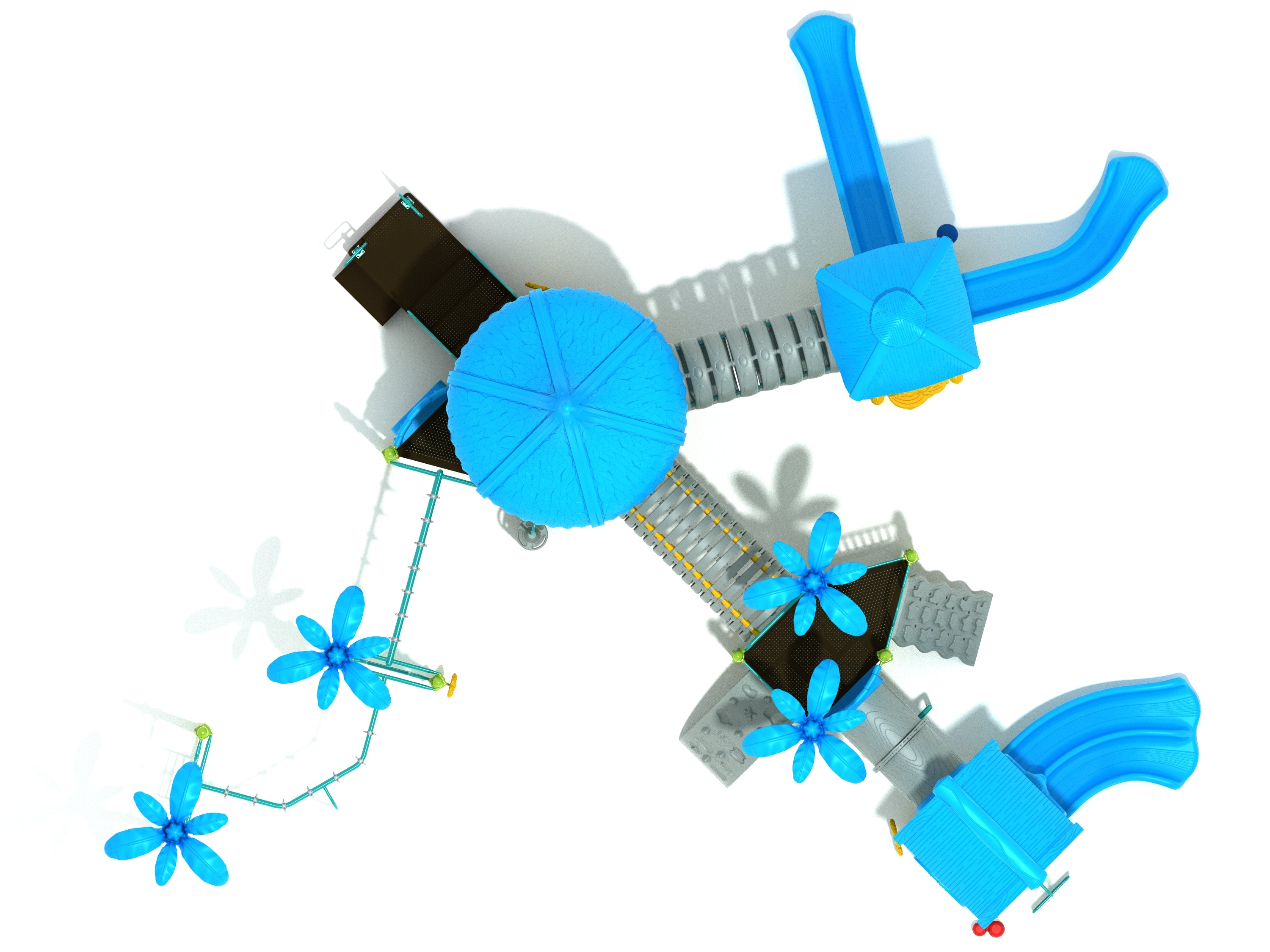 Overhead view of a large blue playground structure with multiple slides, climbing features, and flower-shaped decorations, frog-themed design.