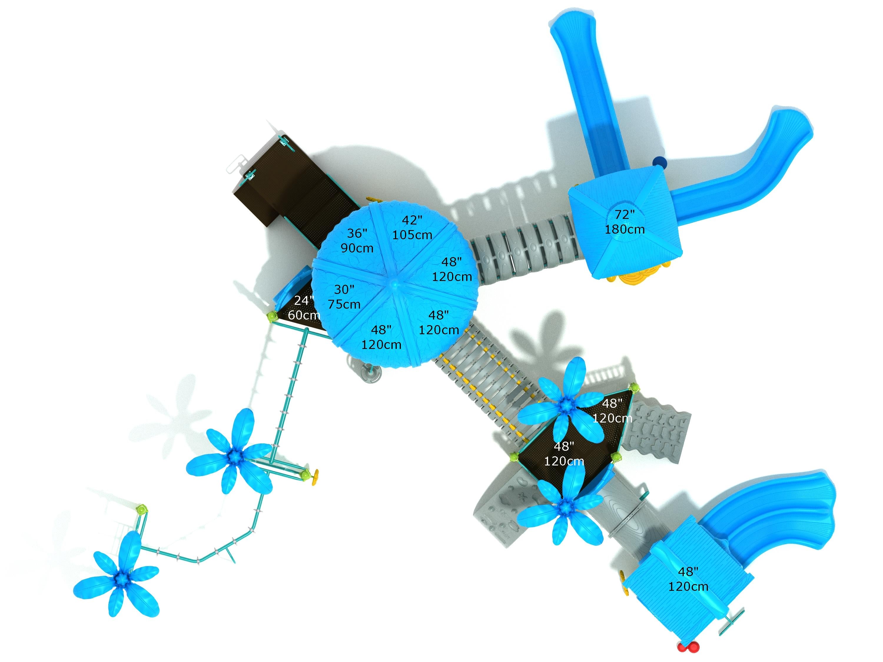 Overhead view of a large blue playground structure with slides, climbing features, and flower-shaped canopies, frog-themed design