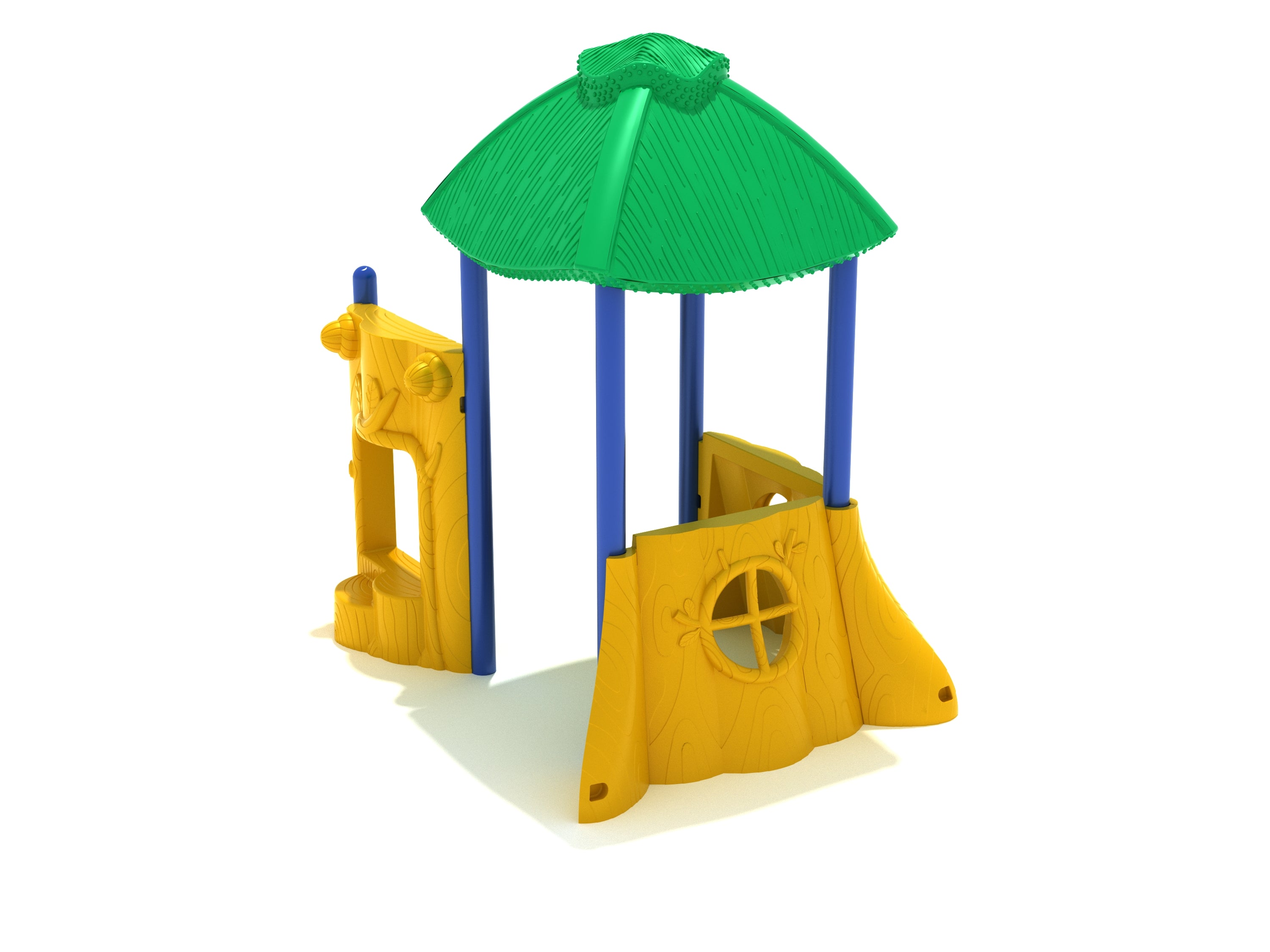 Driftwood Inn Playground with green club house roof, yellow stump window panels, and blue support posts in outdoor play area