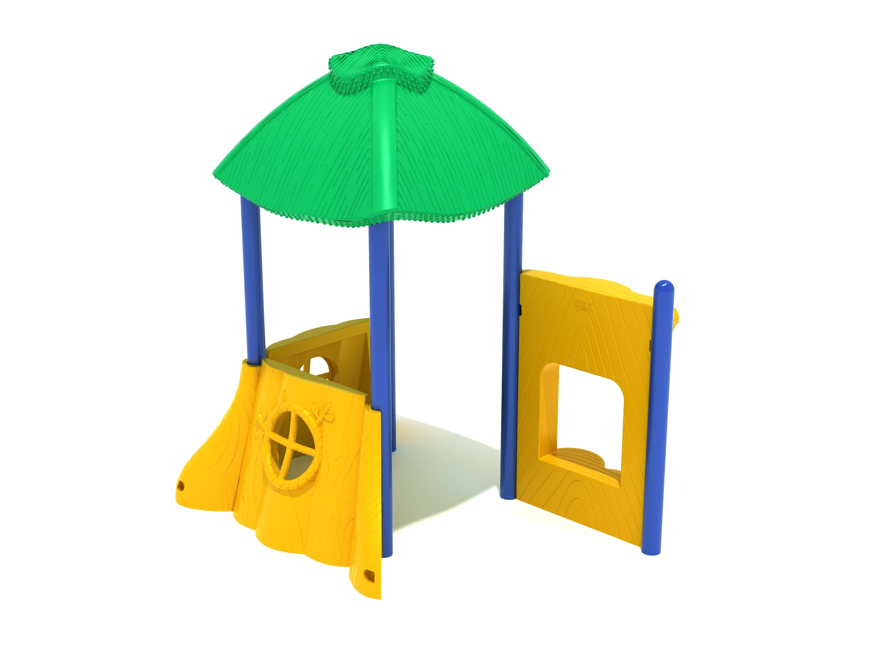 Colorful playground structure with green clubhouse roof, yellow walls with window and door panels, and blue support posts