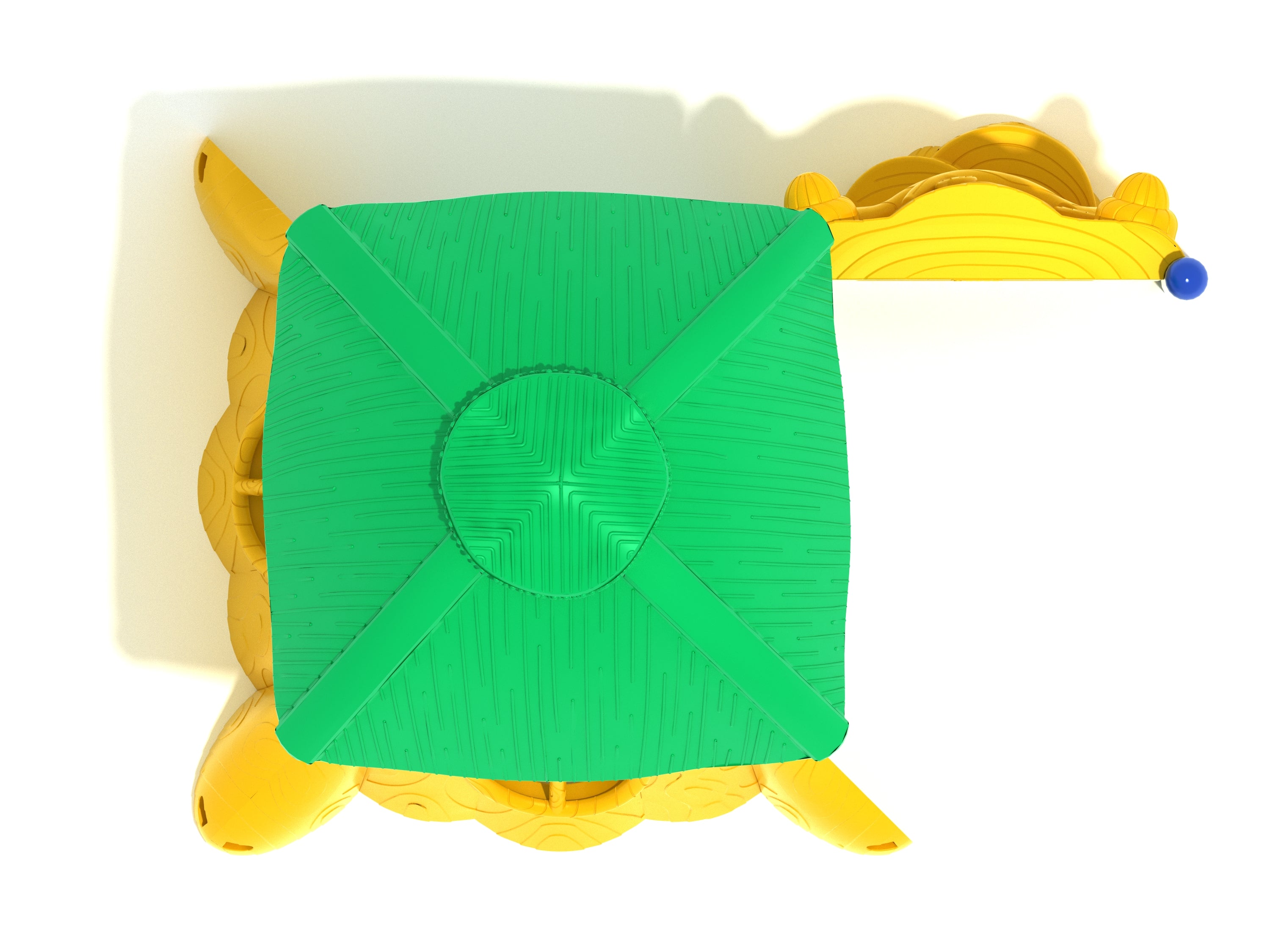 Overhead view of a nature-inspired playground with a green clubhouse roof and yellow wood-textured stump panels