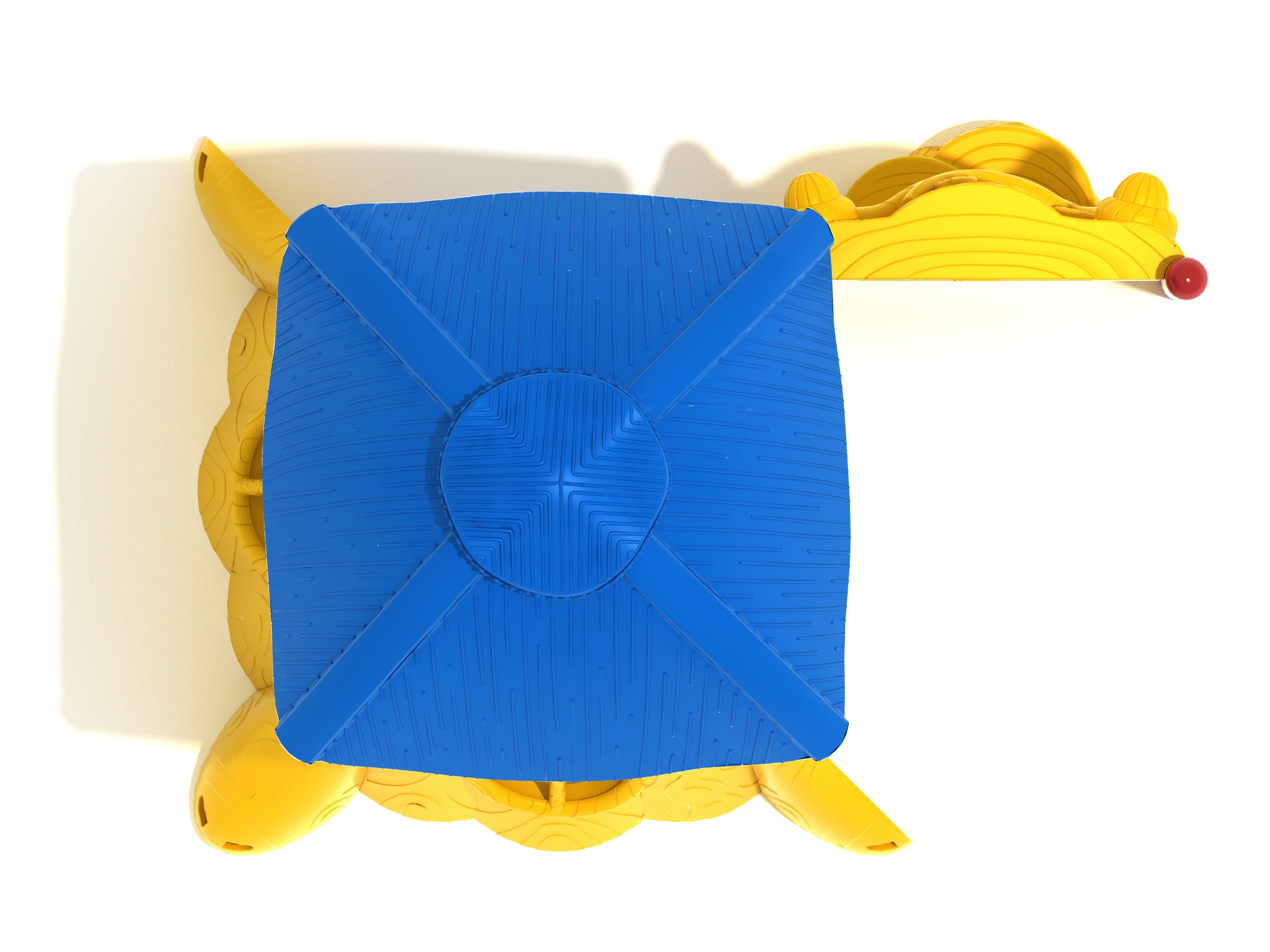 Overhead view of a nature-inspired playground with a blue clubhouse roof and yellow stump-shaped panels for imaginative play