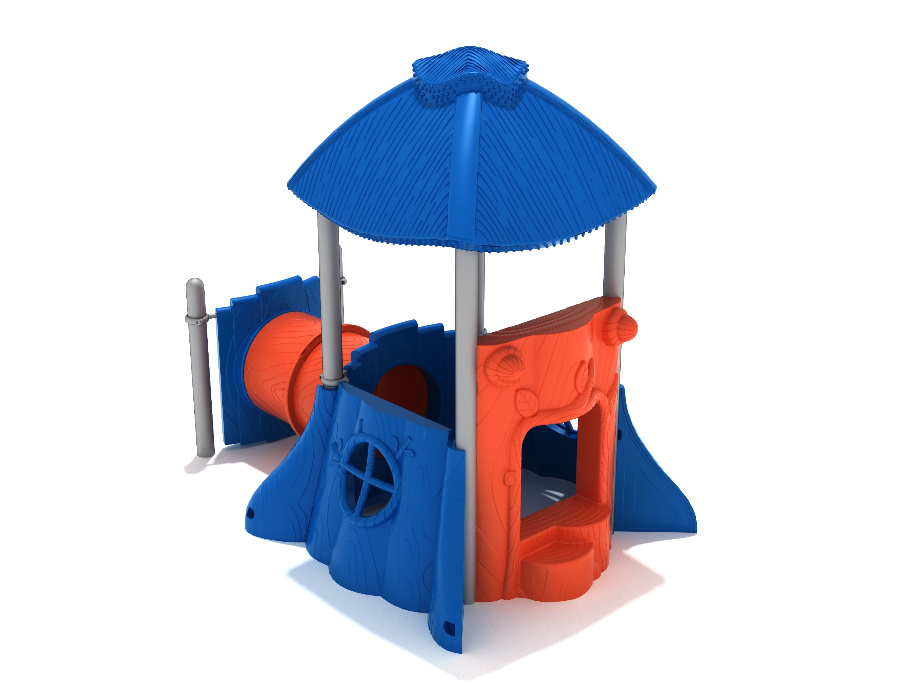 Forest Market Playground with blue clubhouse roof, orange log trunk crawler tunnel, stump store and window panels in woodland theme