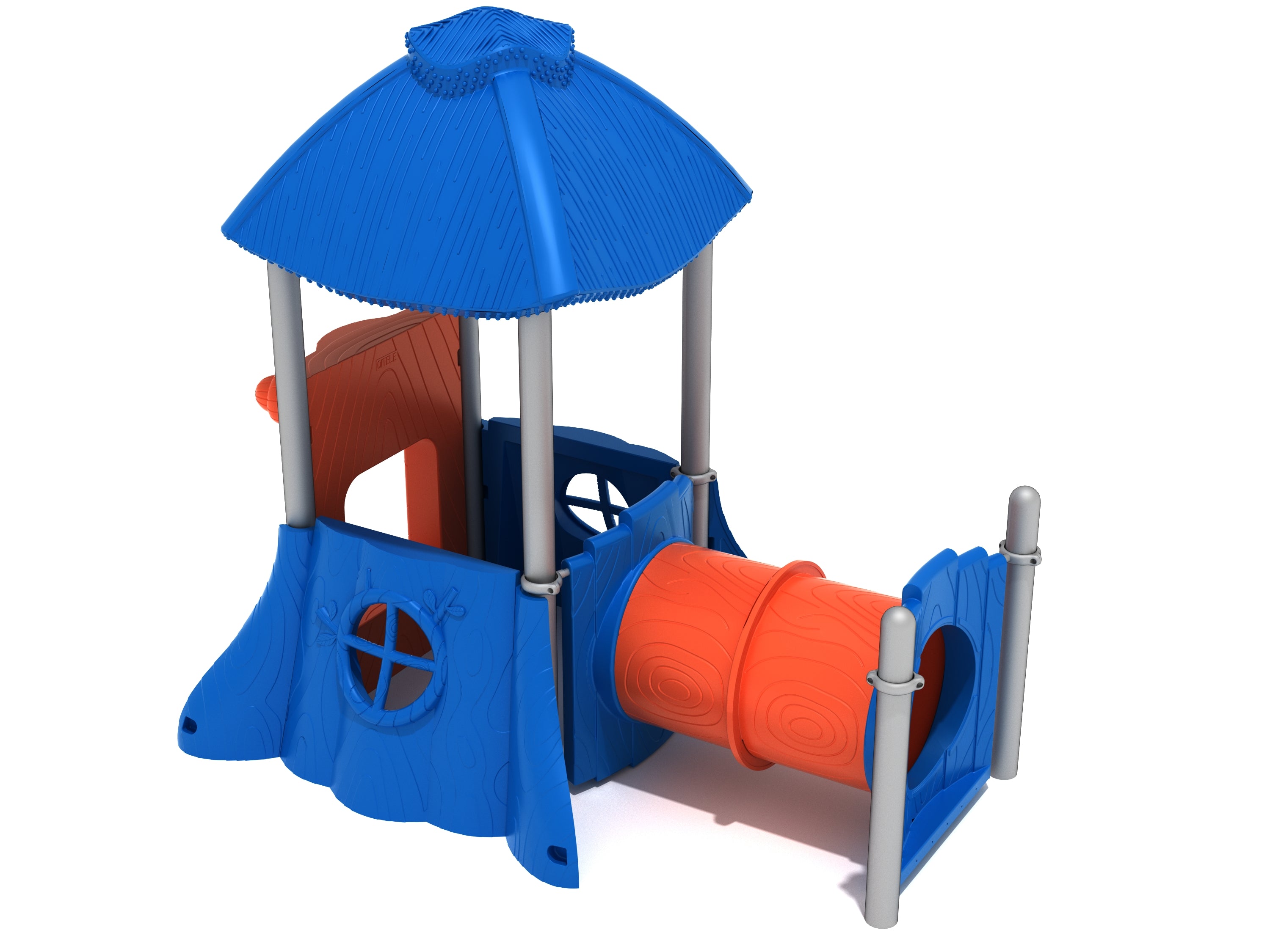 Blue and orange woodland-themed playground with roof, circular windows, stump store and log-inspired crawl tunnel