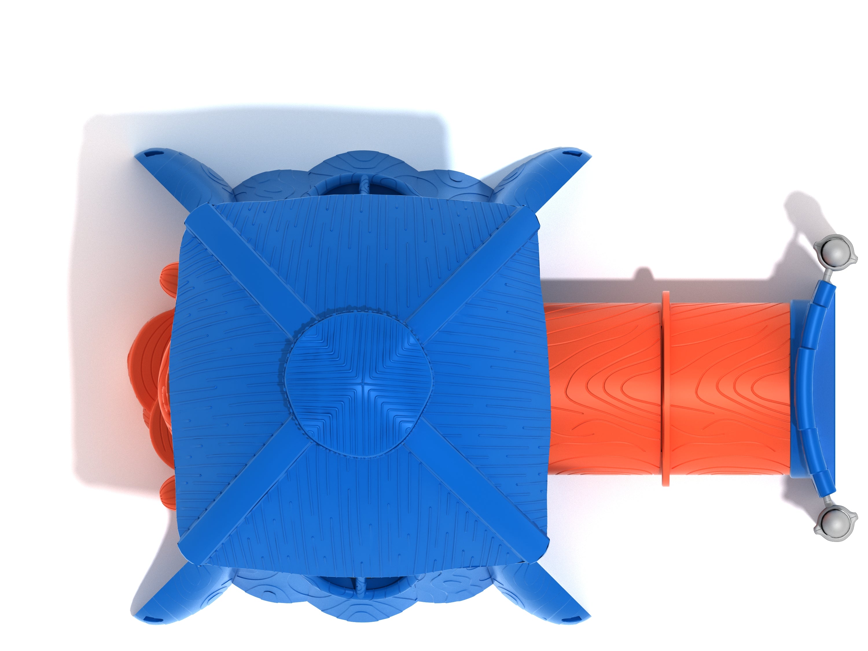 Overhead view of a blue and orange playground structure with a square roof and tunnel slide, woodland-themed play system