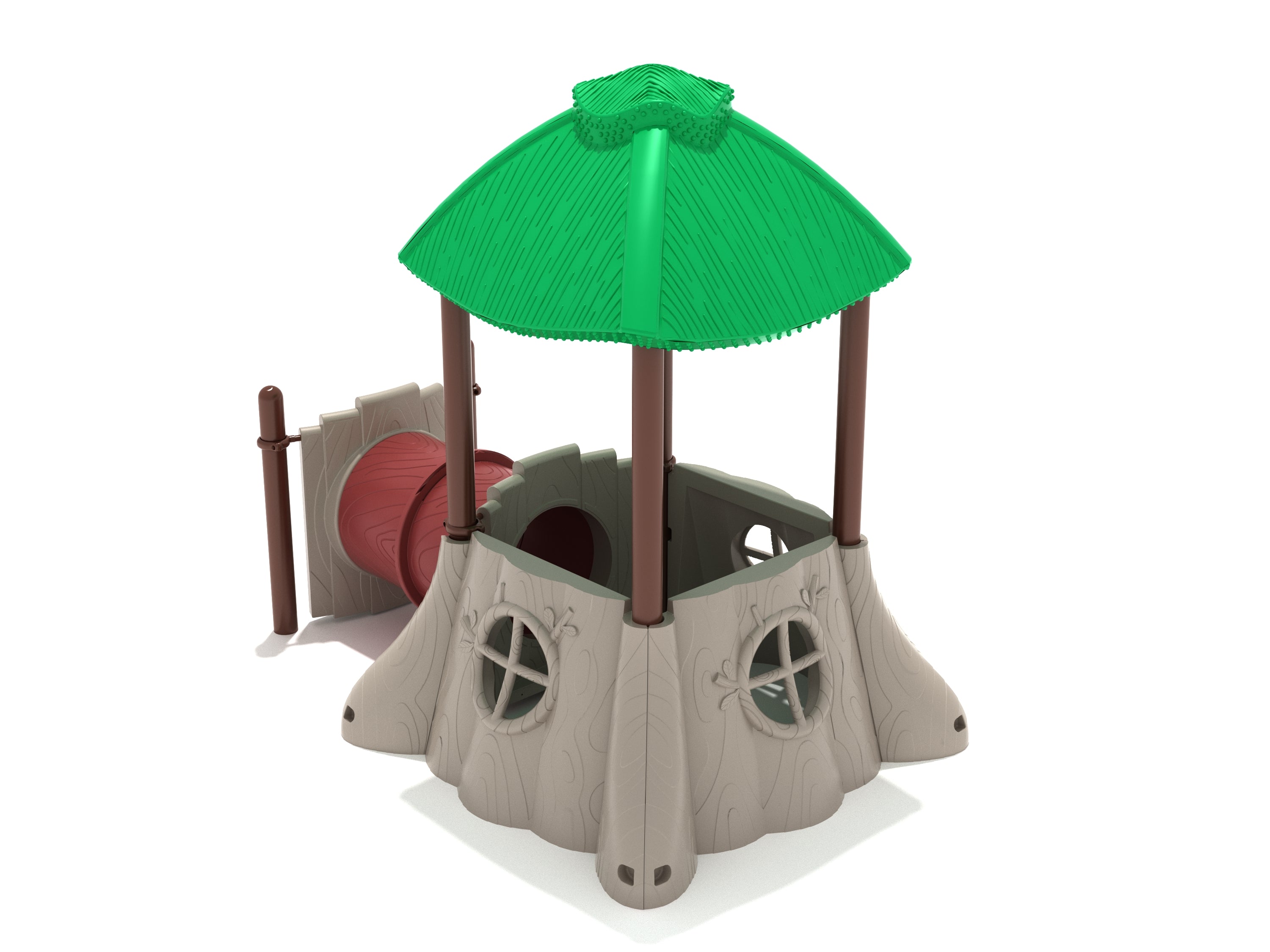 Nature-inspired children's playhouse with tree-stump walls, circular windows, green roof, and red tunnel slide