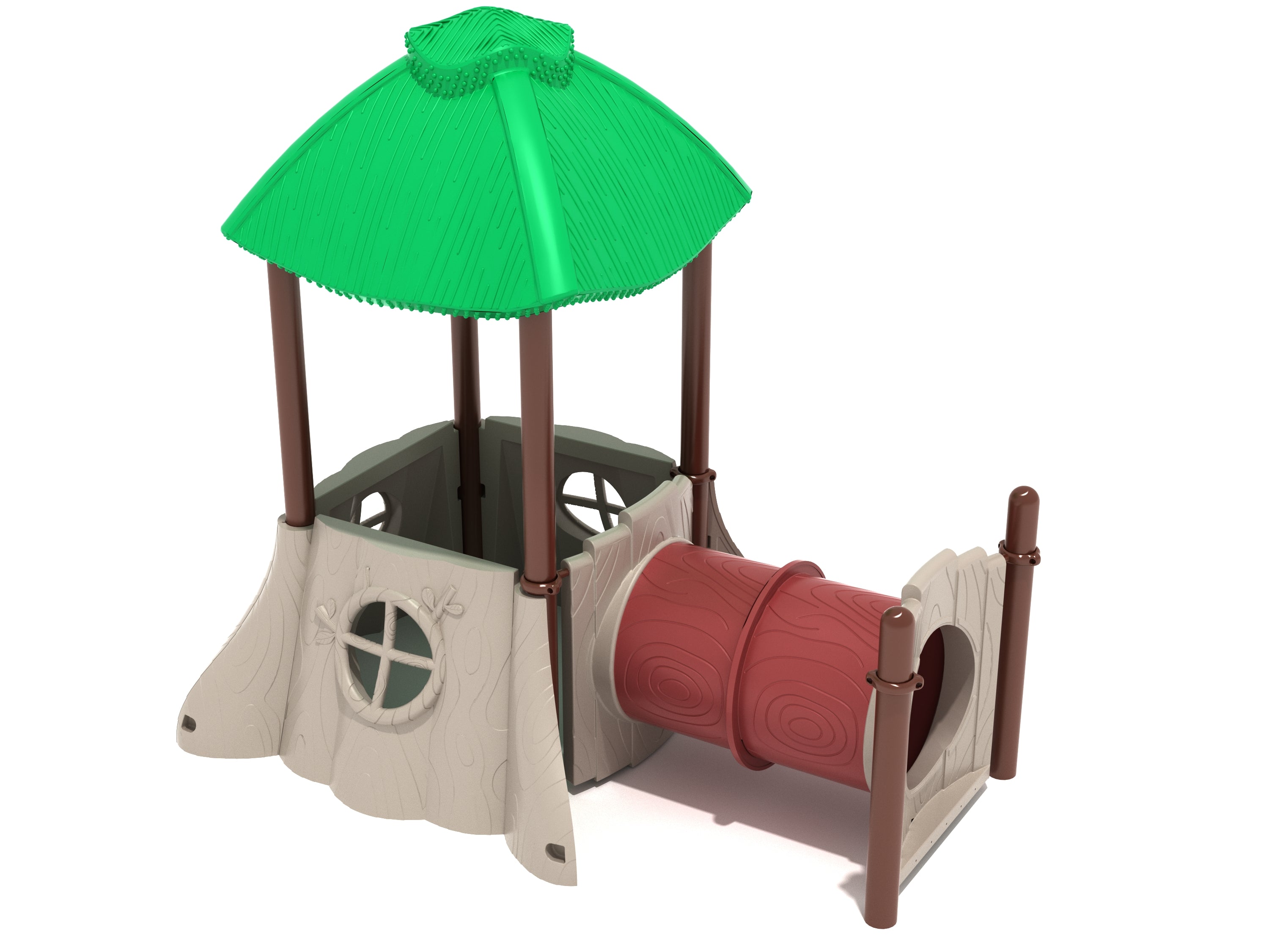 Shoots & Roots Playground woodland toddler clubhouse with green leaf roof, tree-stump walls, round windows, and red log crawl tunnel