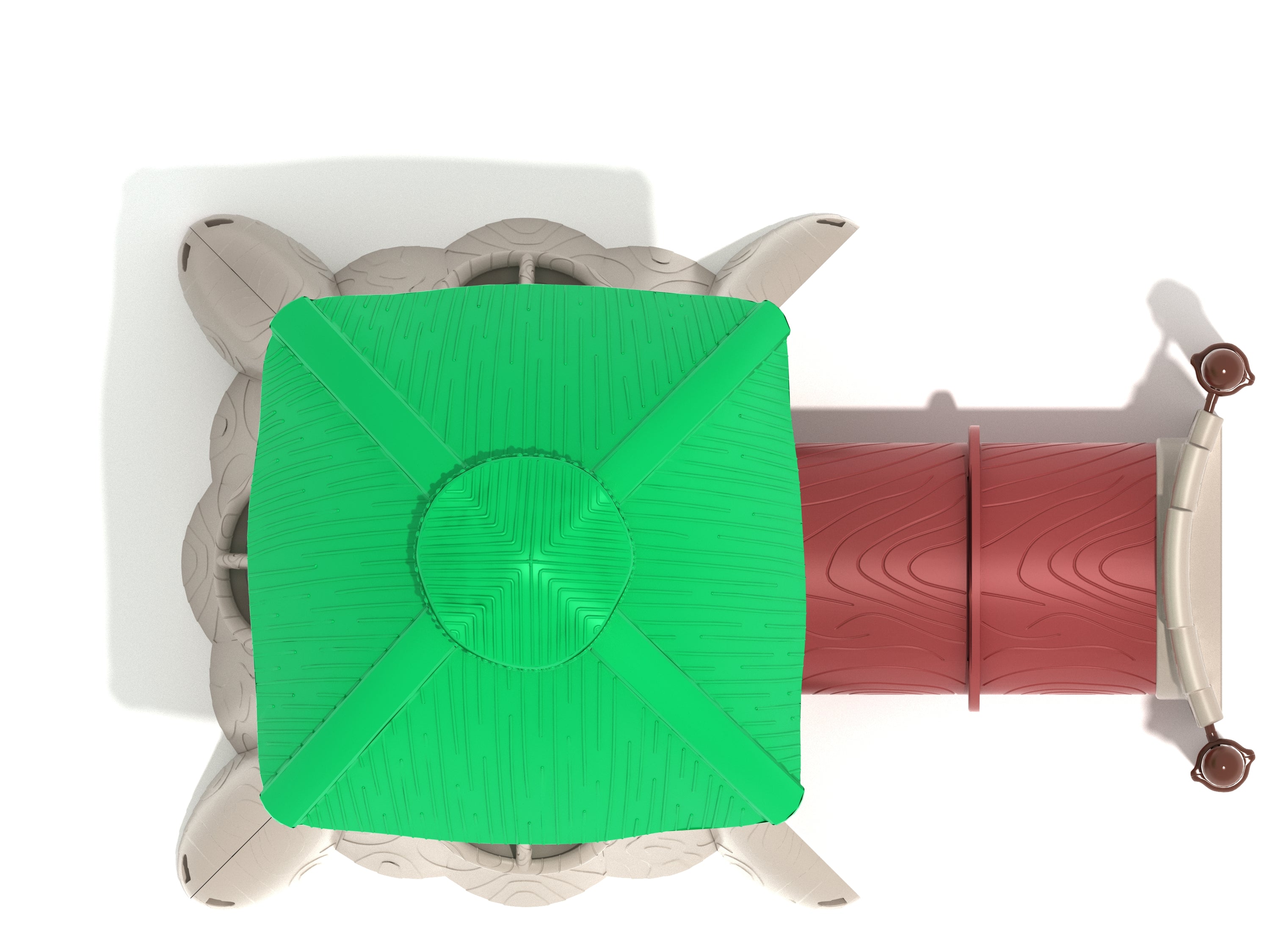 Overhead view of a nature-themed playground with a green clubhouse roof, tree-stump base, and red trunk crawler tunnel