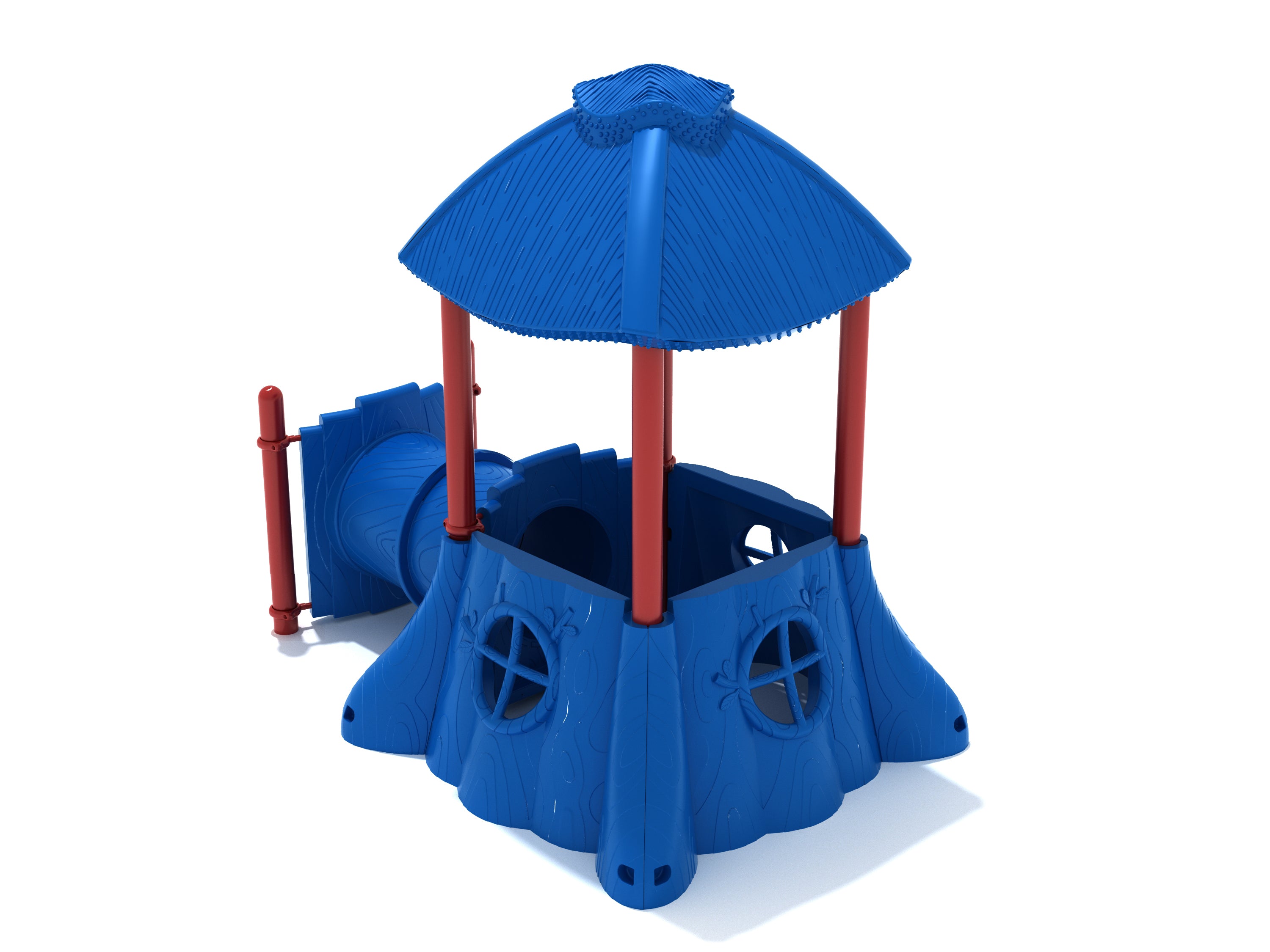 Nature-inspired blue and red playground clubhouse with tree-stump walls, circular windows, roof, and tunnel crawl space