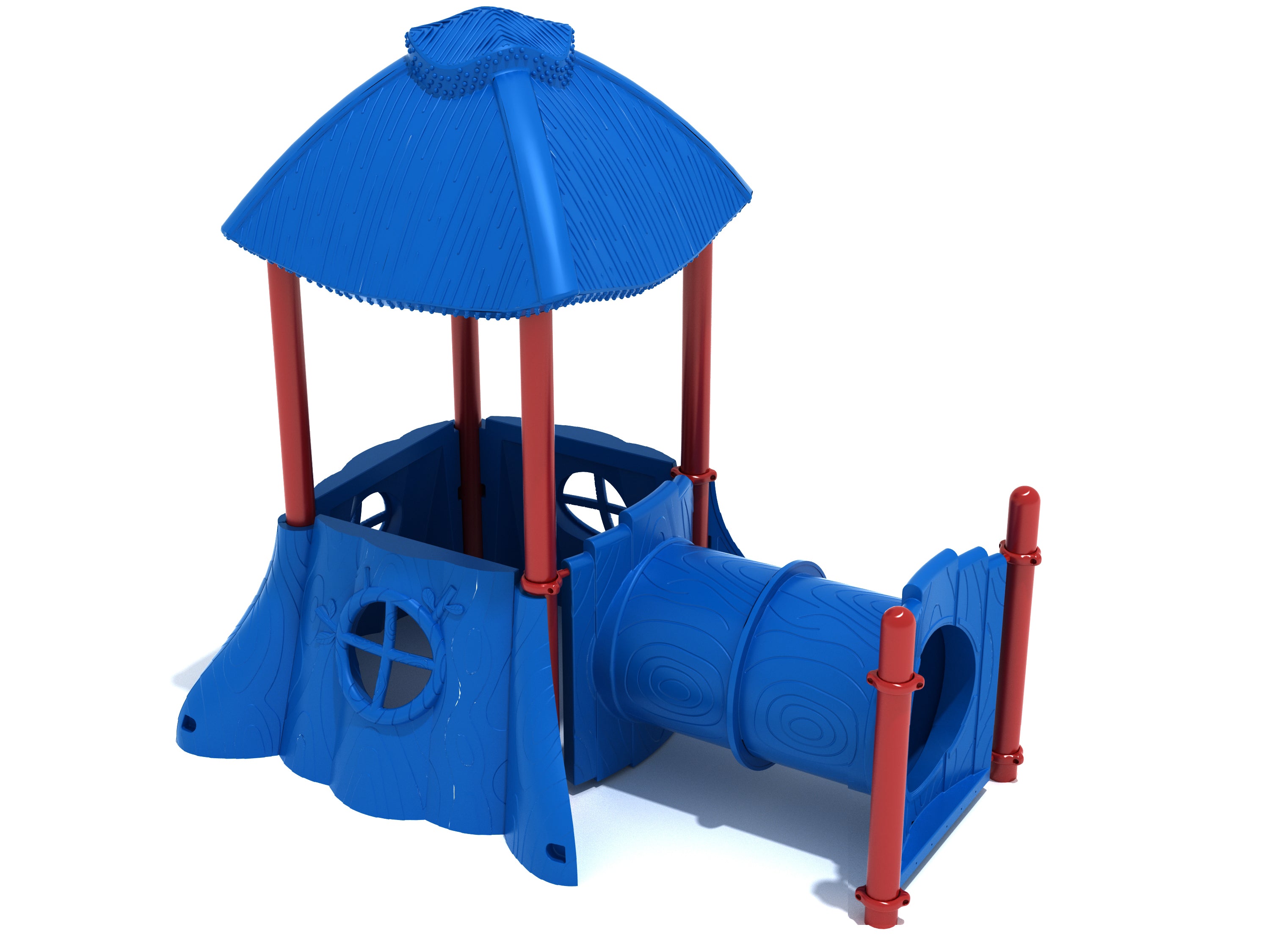 Blue nature-themed playground clubhouse with tree-stump walls, circular windows, and a tunnel crawler for imaginative play.