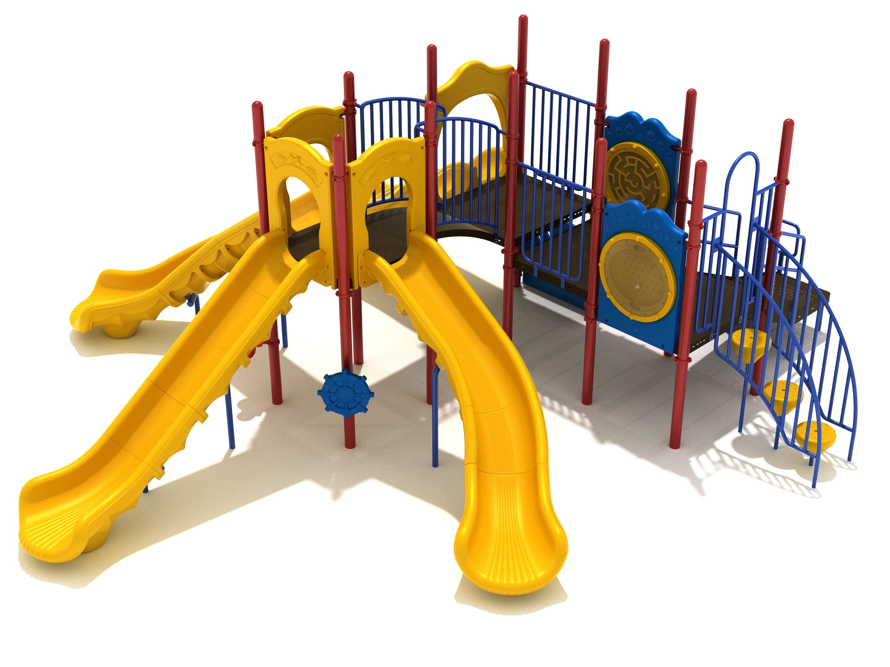 Colorful playground structure with multiple yellow slides, blue activity panels, red support poles, and climbing stairs