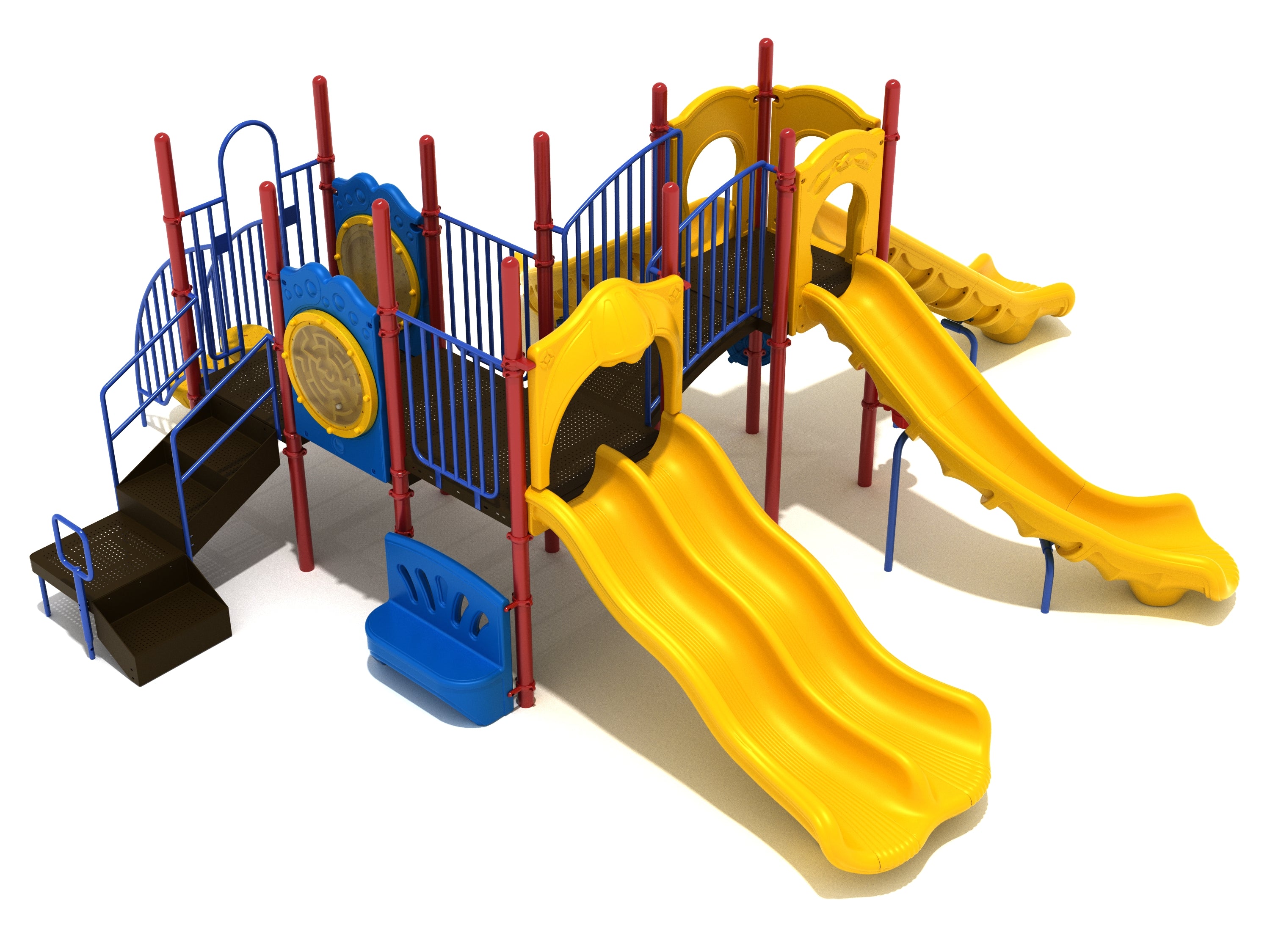Colorful playground structure with multiple yellow slides, blue activity panels, red support poles, black stairs, and climbing features.