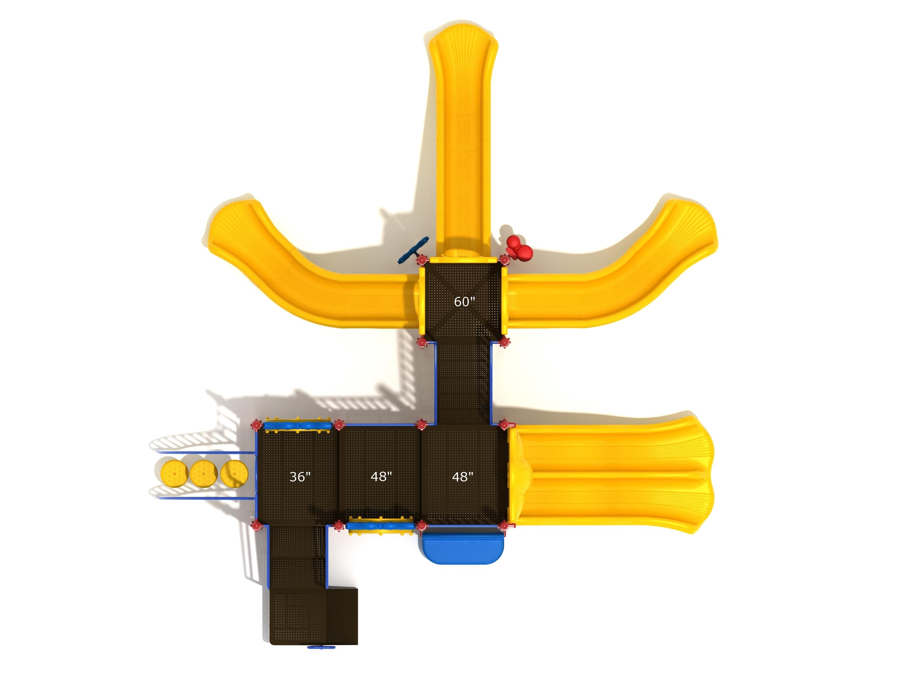 Overhead view of a large playground structure with multiple yellow slides and interconnected black platforms