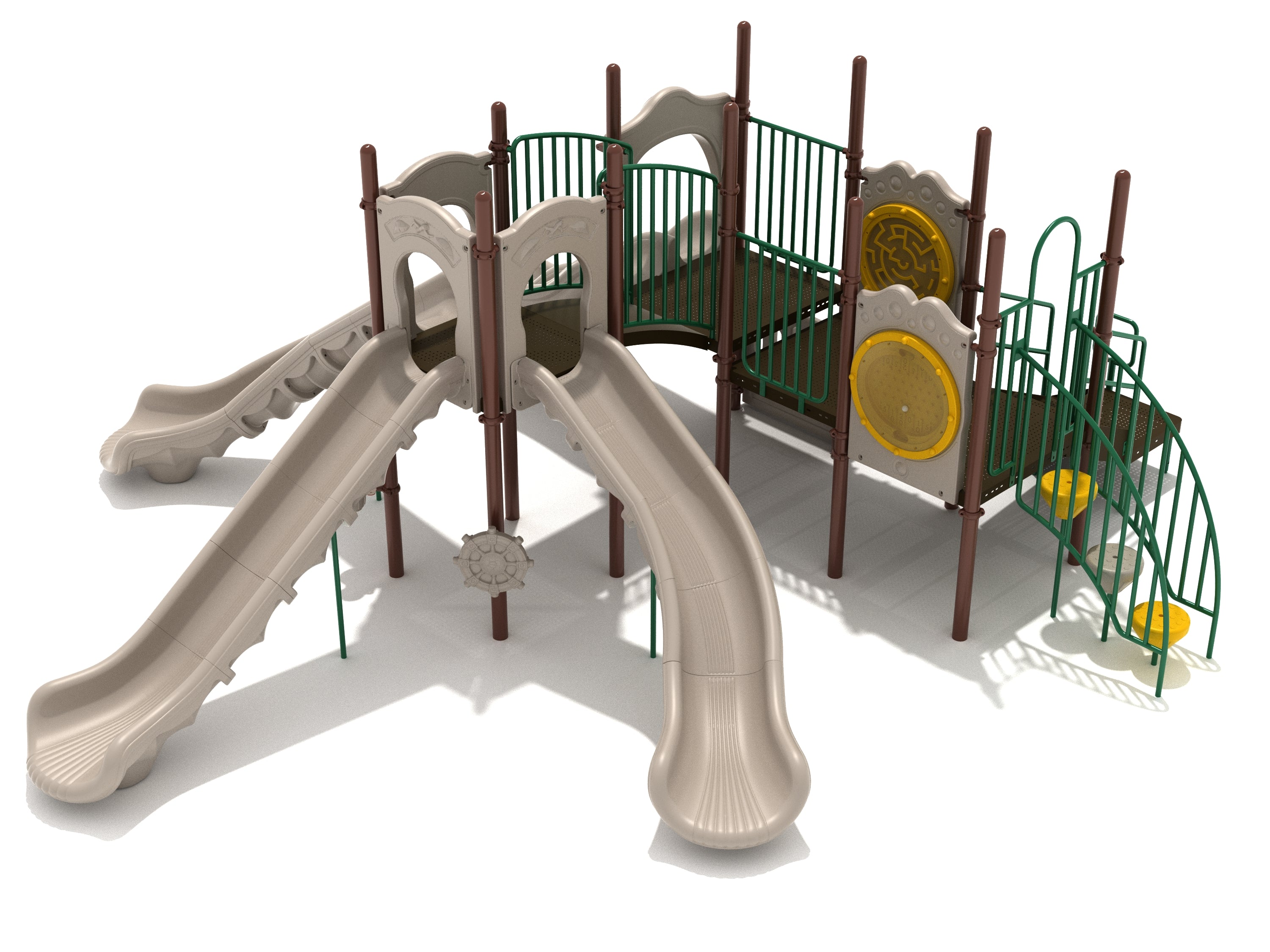 Tuscaloosa Playground large play system with five beige slides, green railings, climbing stairs, and activity panels