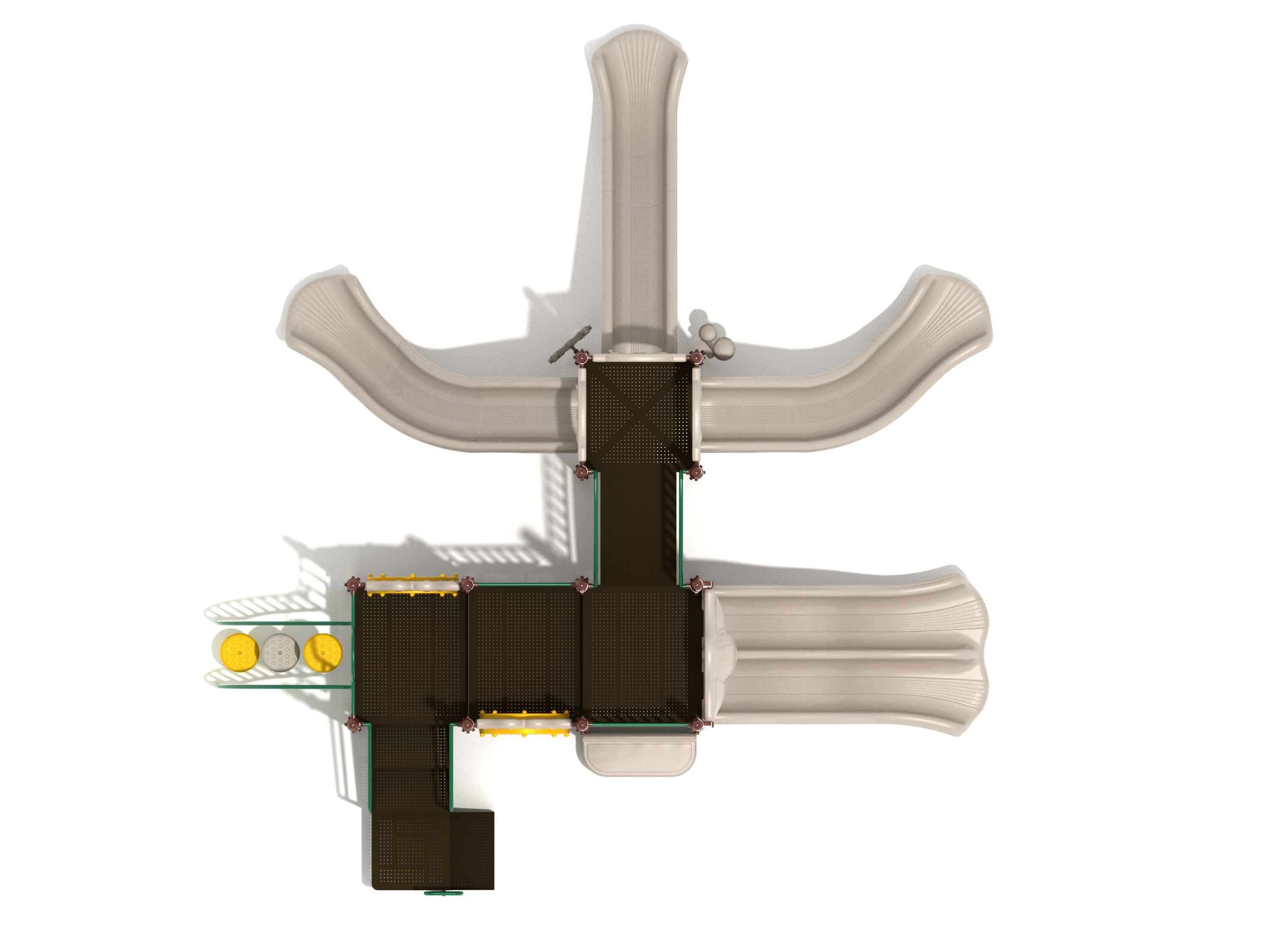 Overhead view of a large playground structure with five beige slides, multiple platforms, and interactive activity panels
