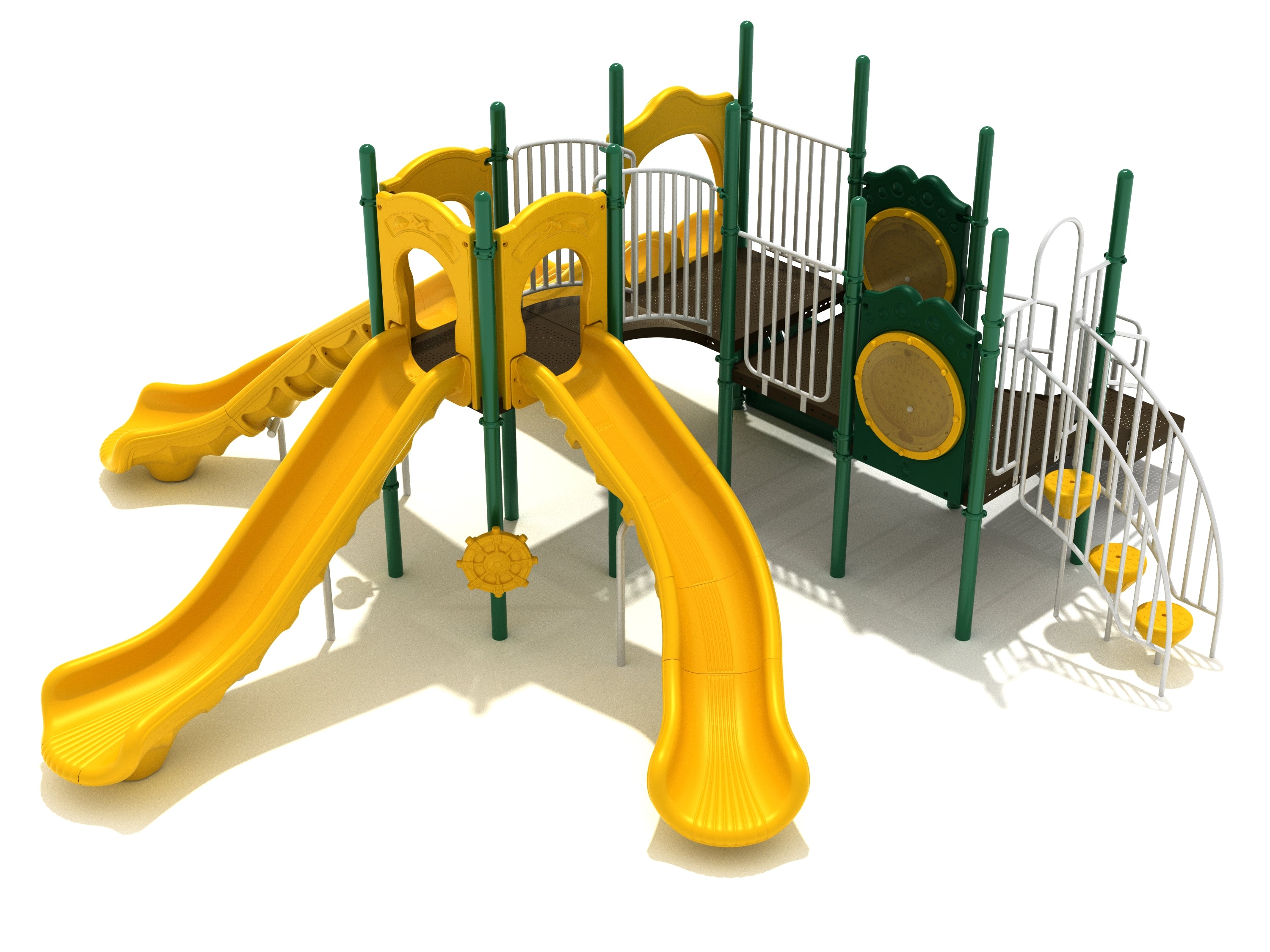 Outdoor playground structure with multiple yellow slides, green support posts, climbing stairs, and interactive activity panels