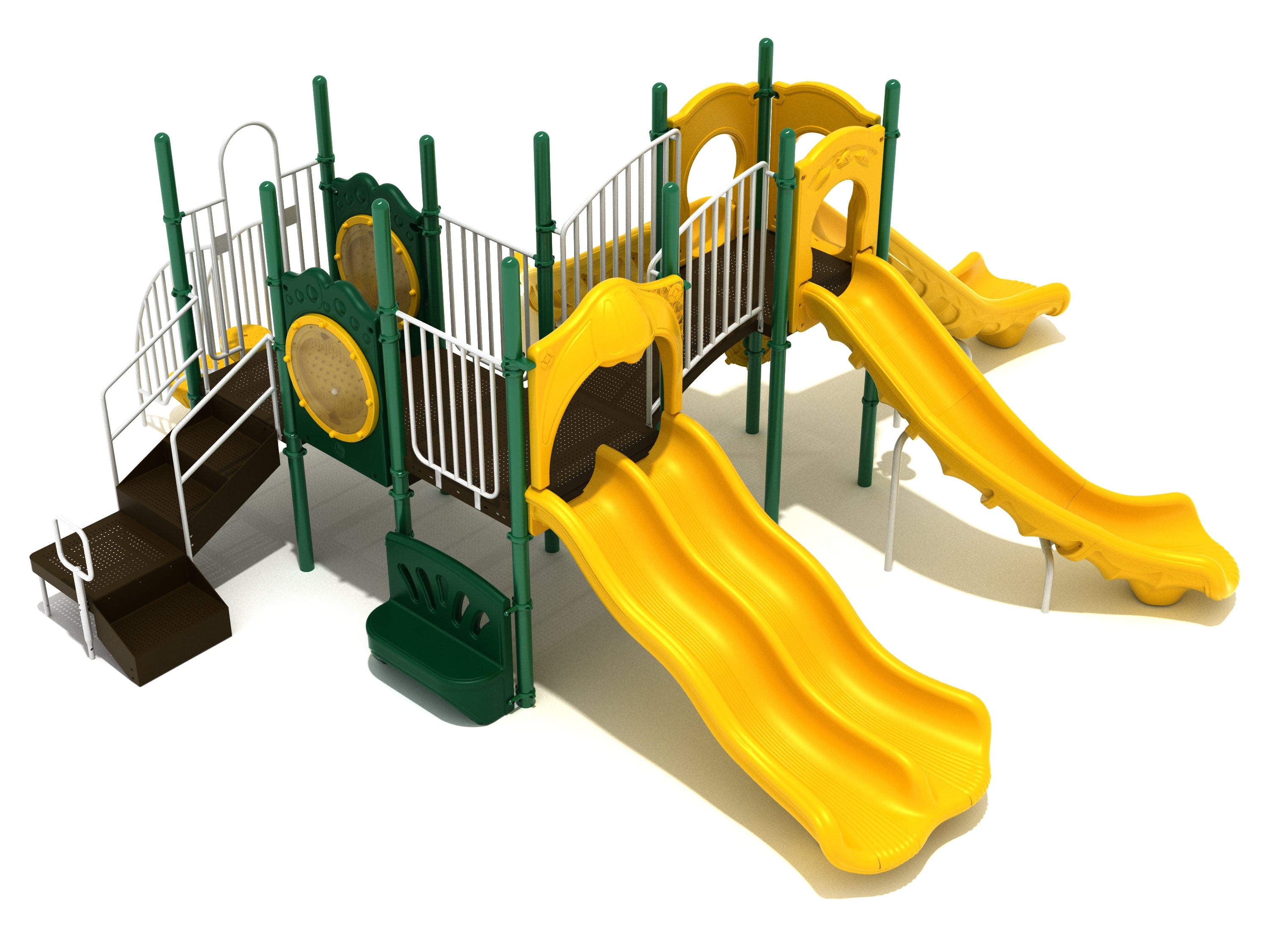 Elevated playground structure with five yellow slides including double wave, turn, and straight slides, green posts, white railings, and activity panels