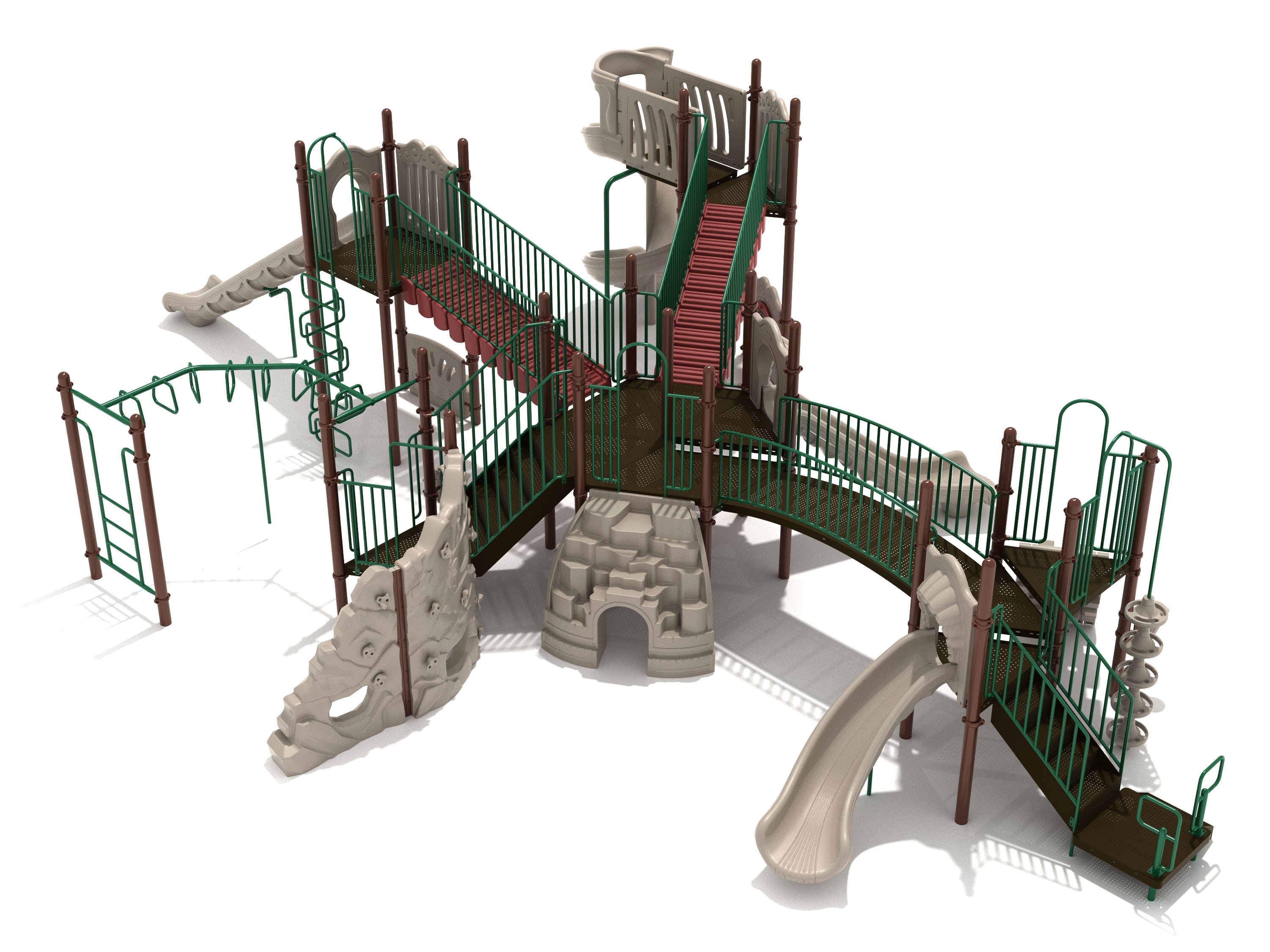 Large green and beige playground structure with multiple slides, climbing walls, bridges, and an overhead ladder