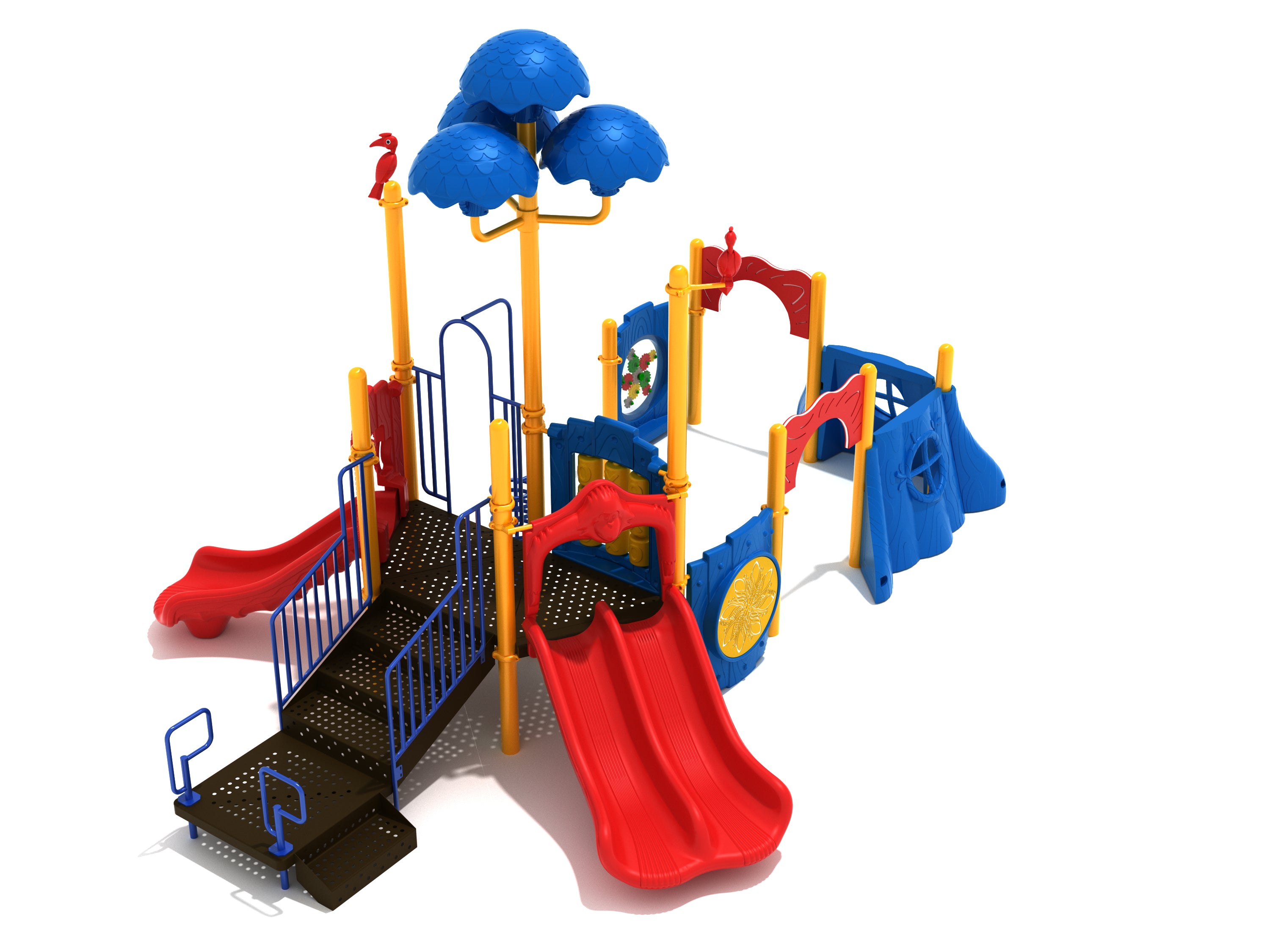 Wandering Wolf Playground with red slides, blue climbing structures, yellow posts, and decorative bird figures
