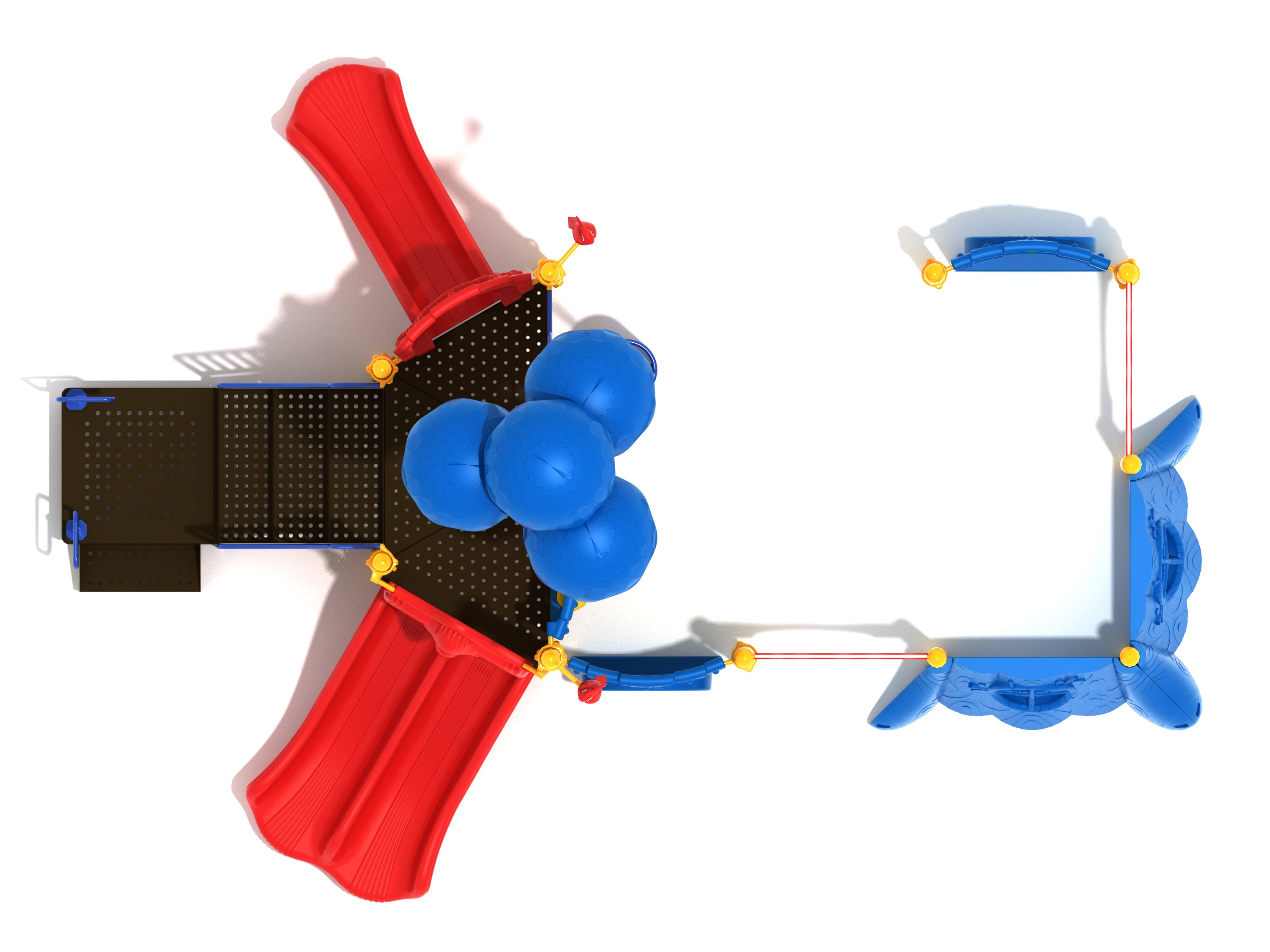 Overhead view of colorful playground with red slides, blue climbing structures, and interconnected platforms designed for active play and creativity