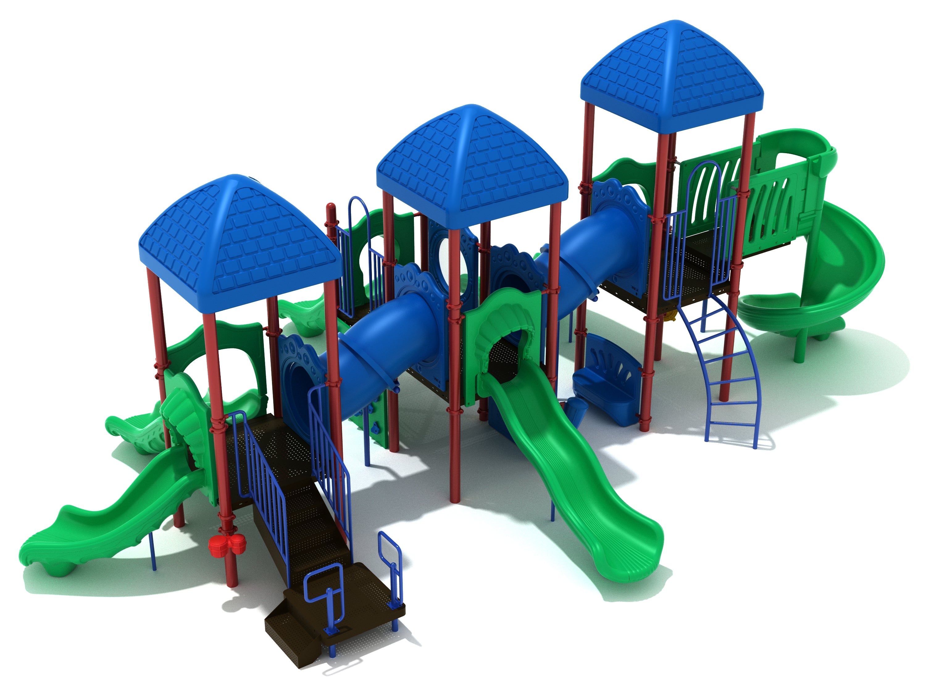 Colorful playground structure with three blue-roofed towers, multiple green slides, tube bridges, and climbing ladders