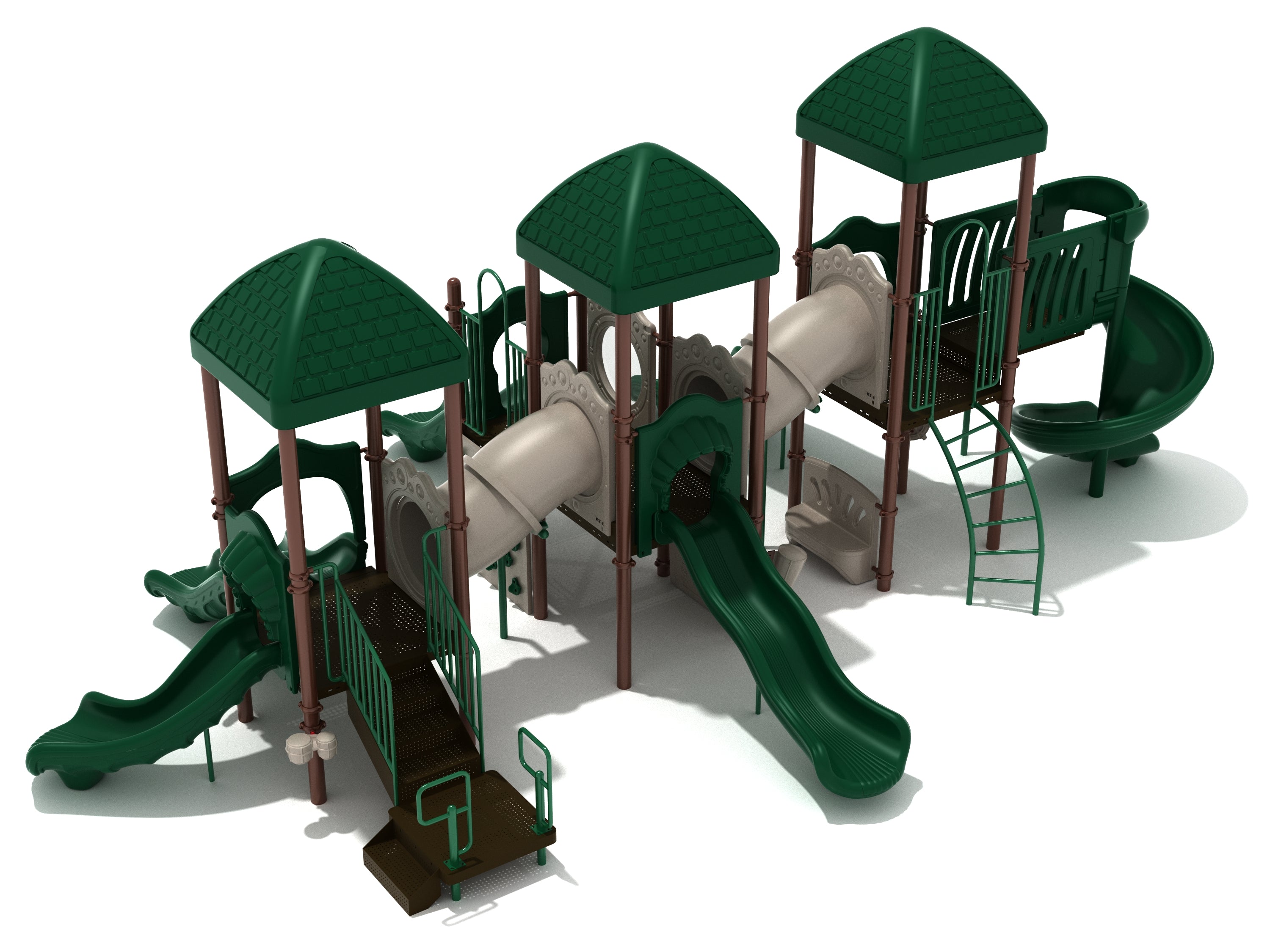 Outdoor playground structure with three green-roofed towers, multiple slides including double wave and spiral, tube bridges, and climbing ladders.