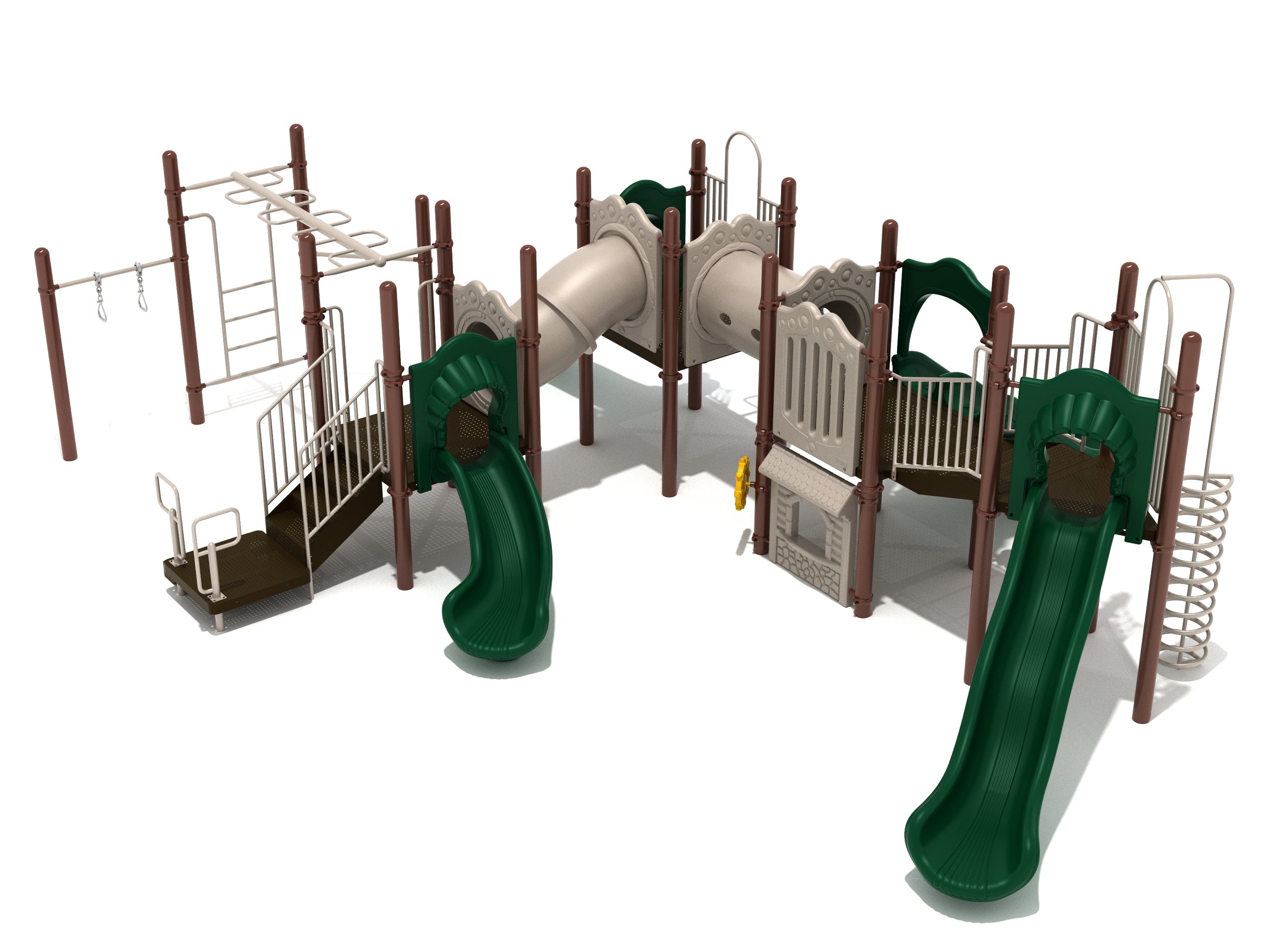 Large outdoor playground with multiple green slides, climbing elements, tube bridges, and fitness bars for active play.