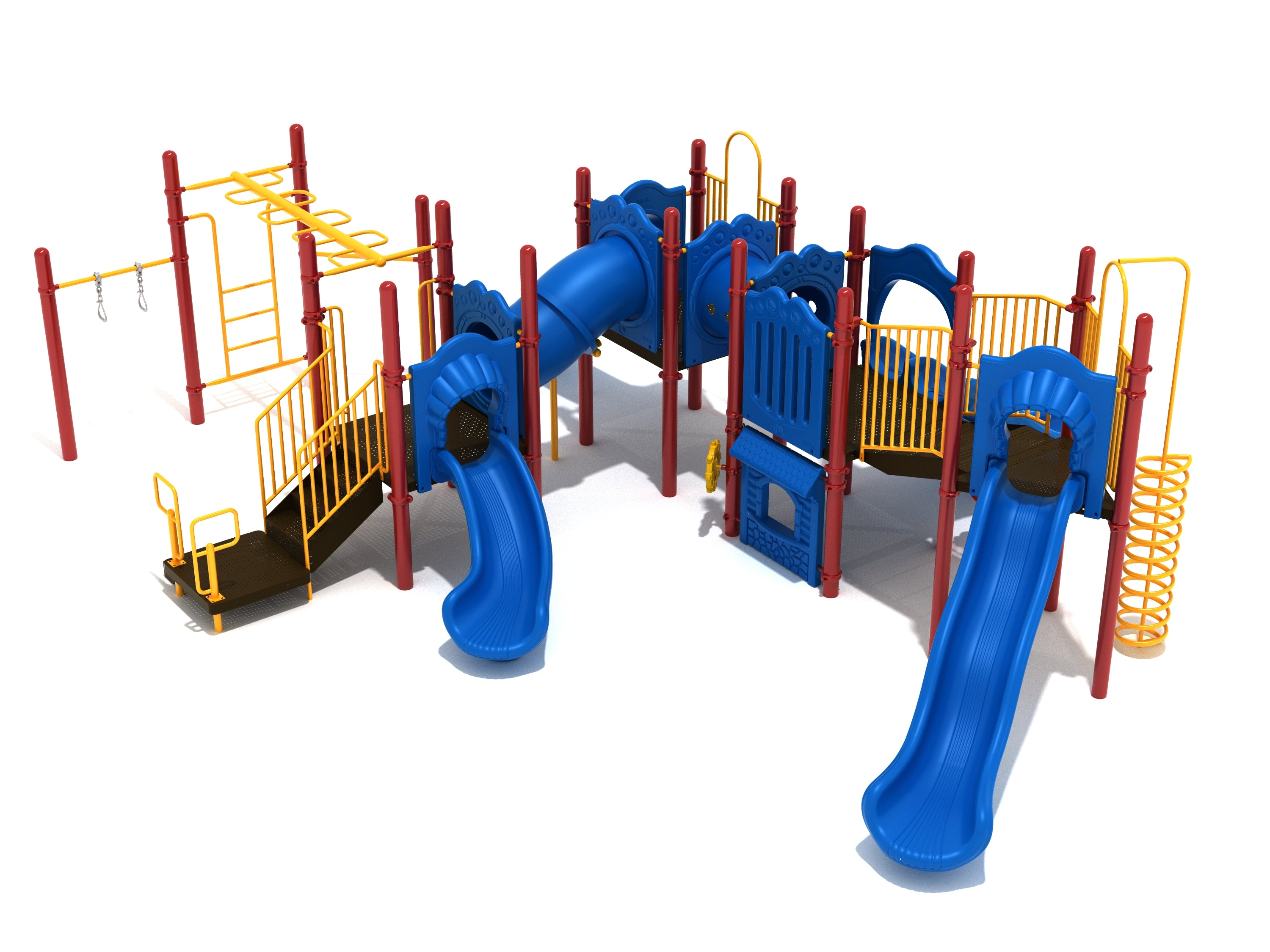 Colorful playground structure with blue slides, red posts, yellow climbing bars, tube tunnel, and multiple play panels